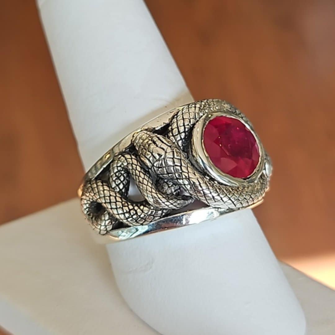Sterling Silver Mens Snake Ring With Ruby Size 10