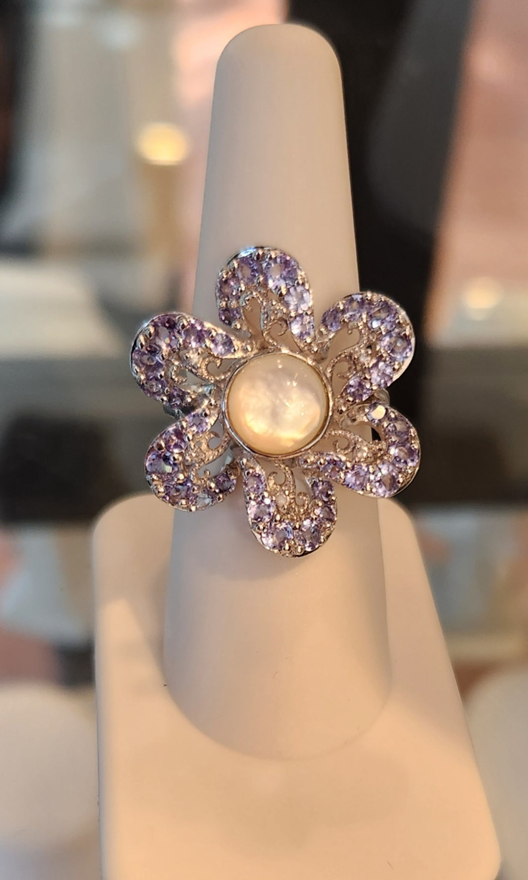 Sterling silver flower ring with moonstone and tanzanite