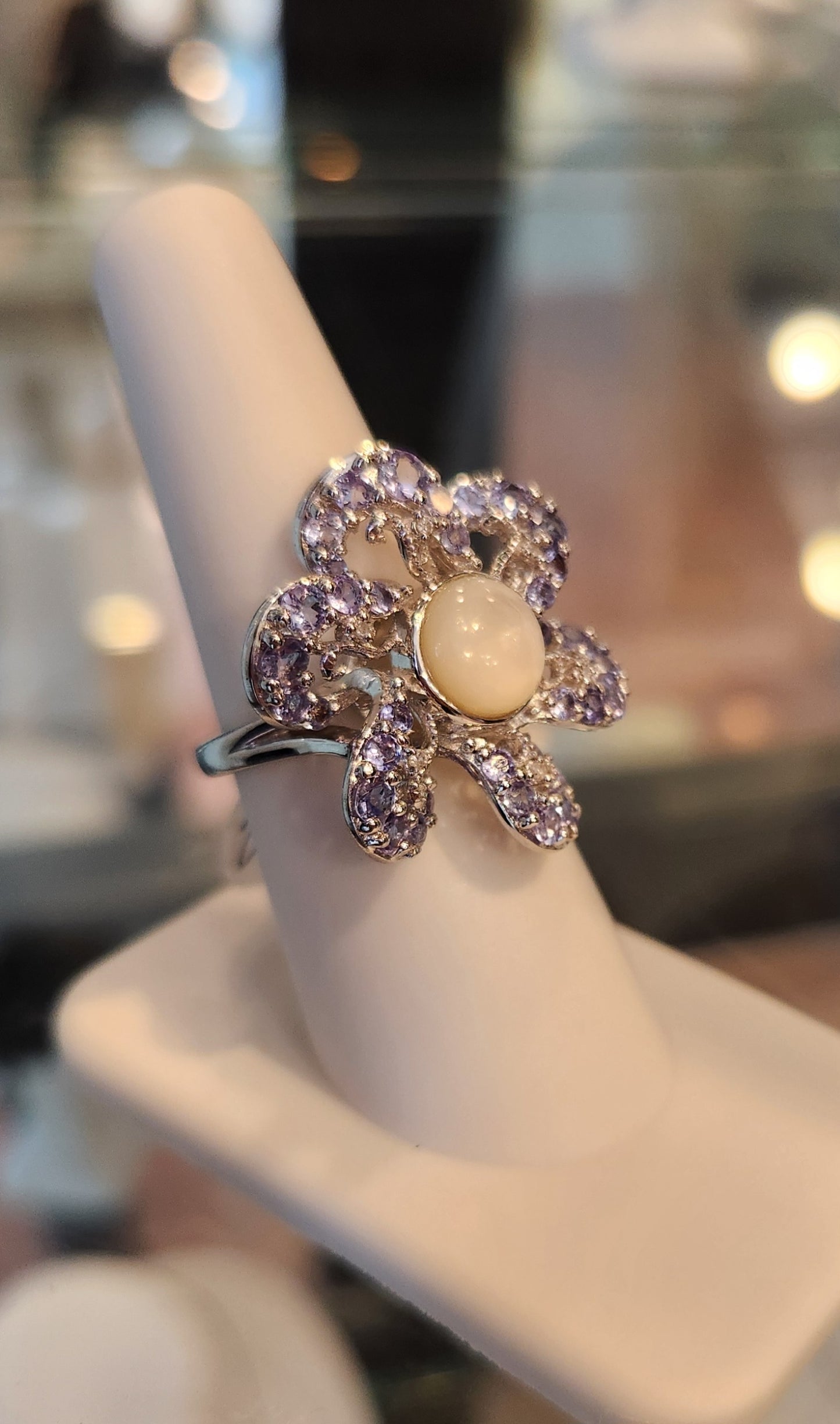 Sterling silver flower ring with moonstone and tanzanite