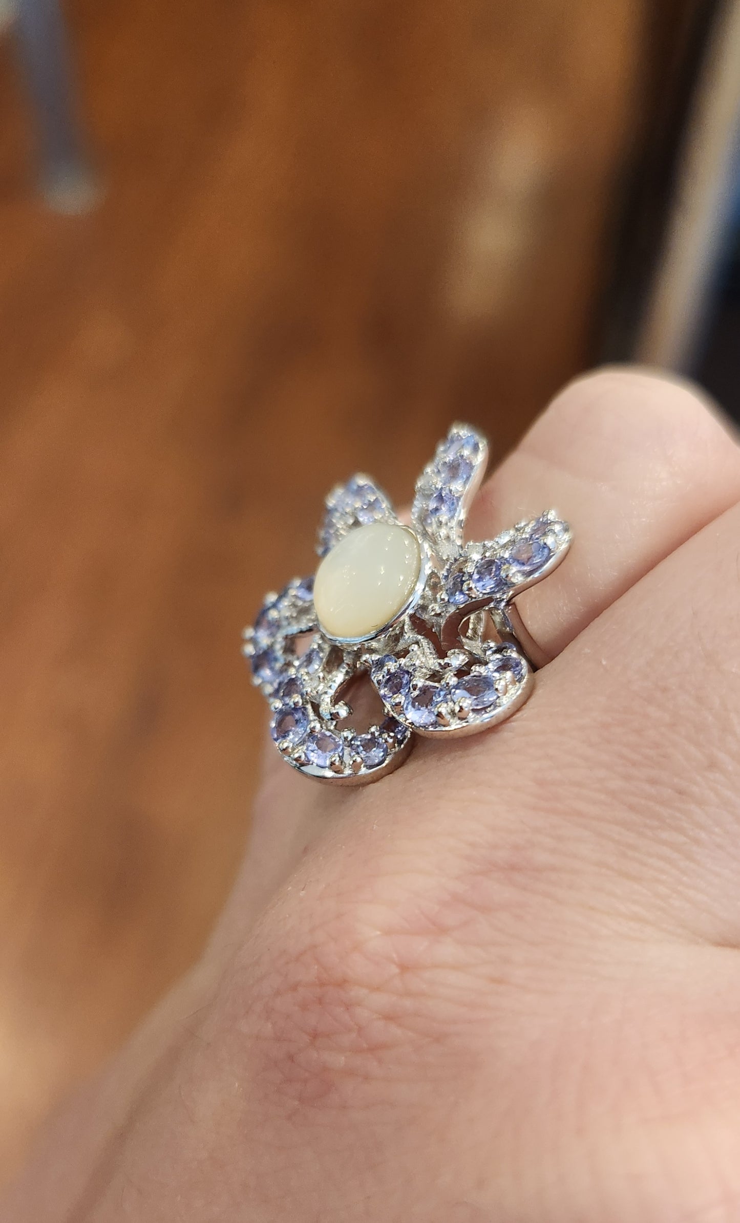 Sterling silver flower ring with moonstone and tanzanite