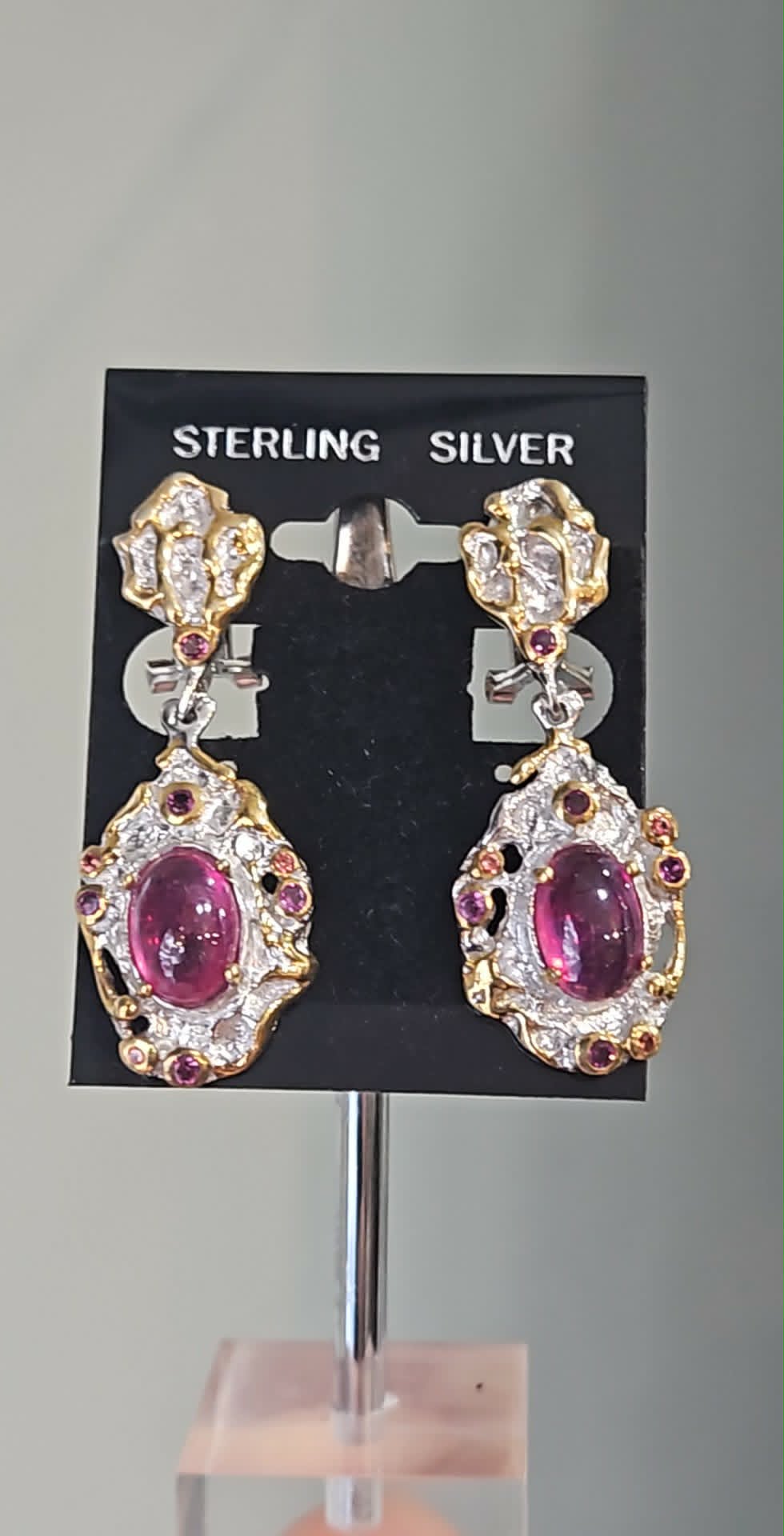 sterling silver handmade rubellite earrings with gold overlay