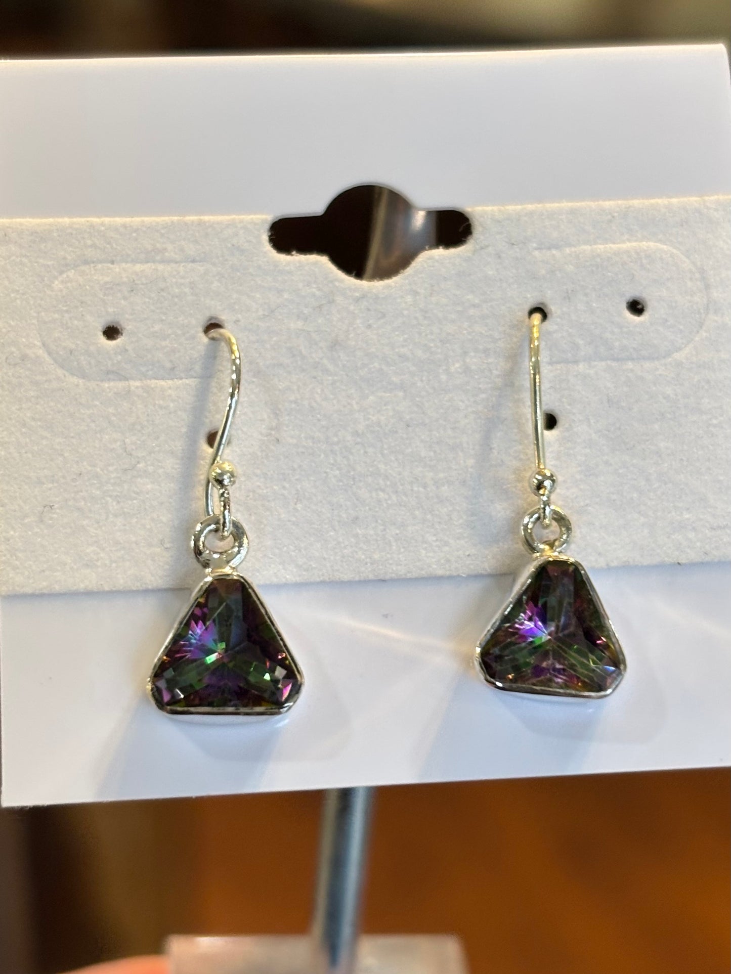 Sterling silver triangle-shaped mystic topaz earrings