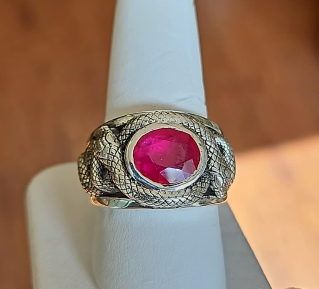 Sterling Silver Mens Snake Ring With Ruby Size 10