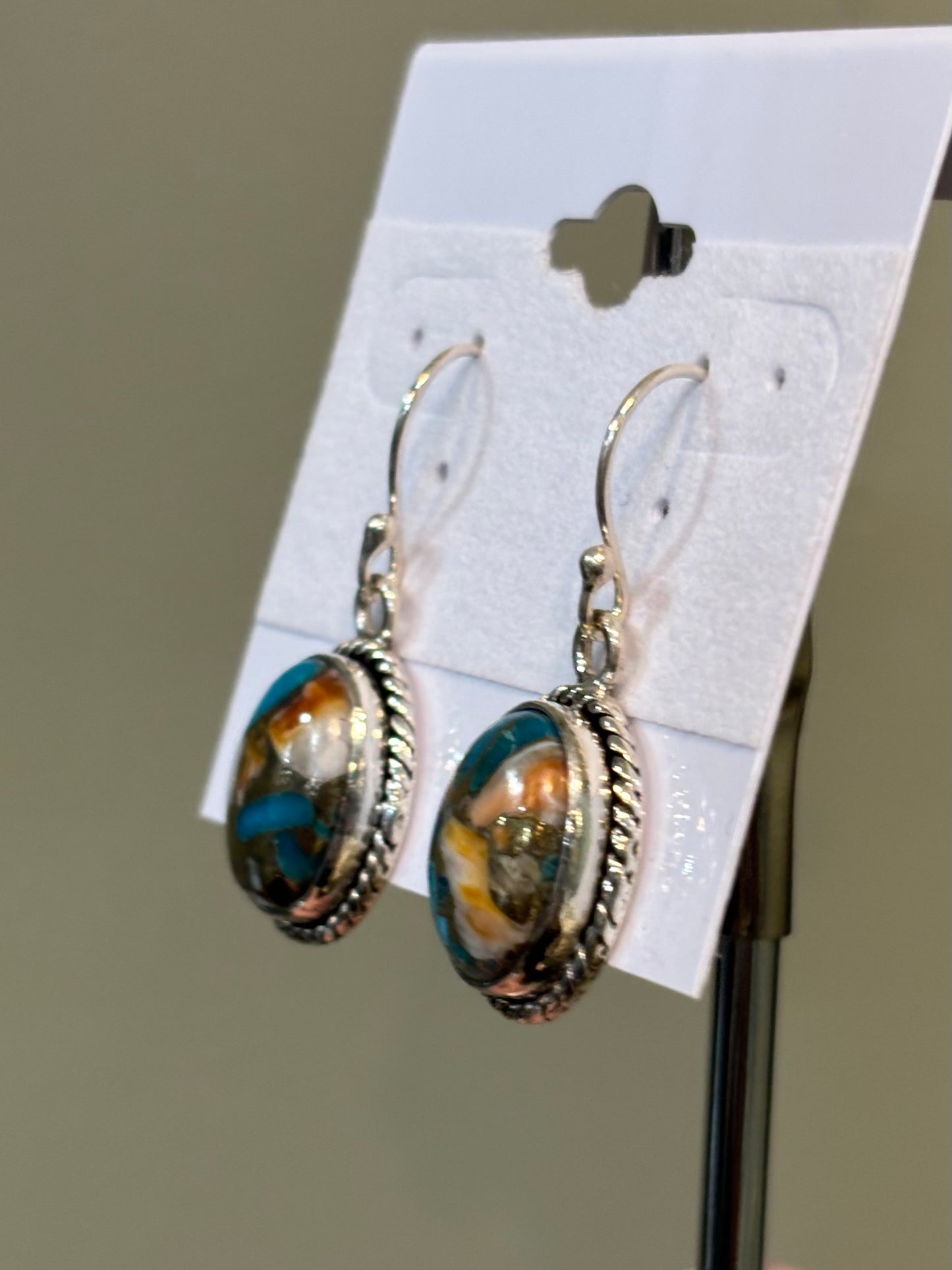 Sterling silver oval spiny oyster turquoise dangle earrings
