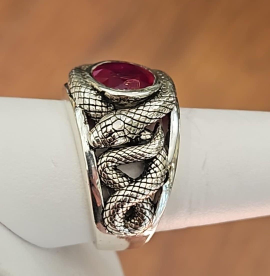Sterling Silver Mens Snake Ring With Ruby Size 10