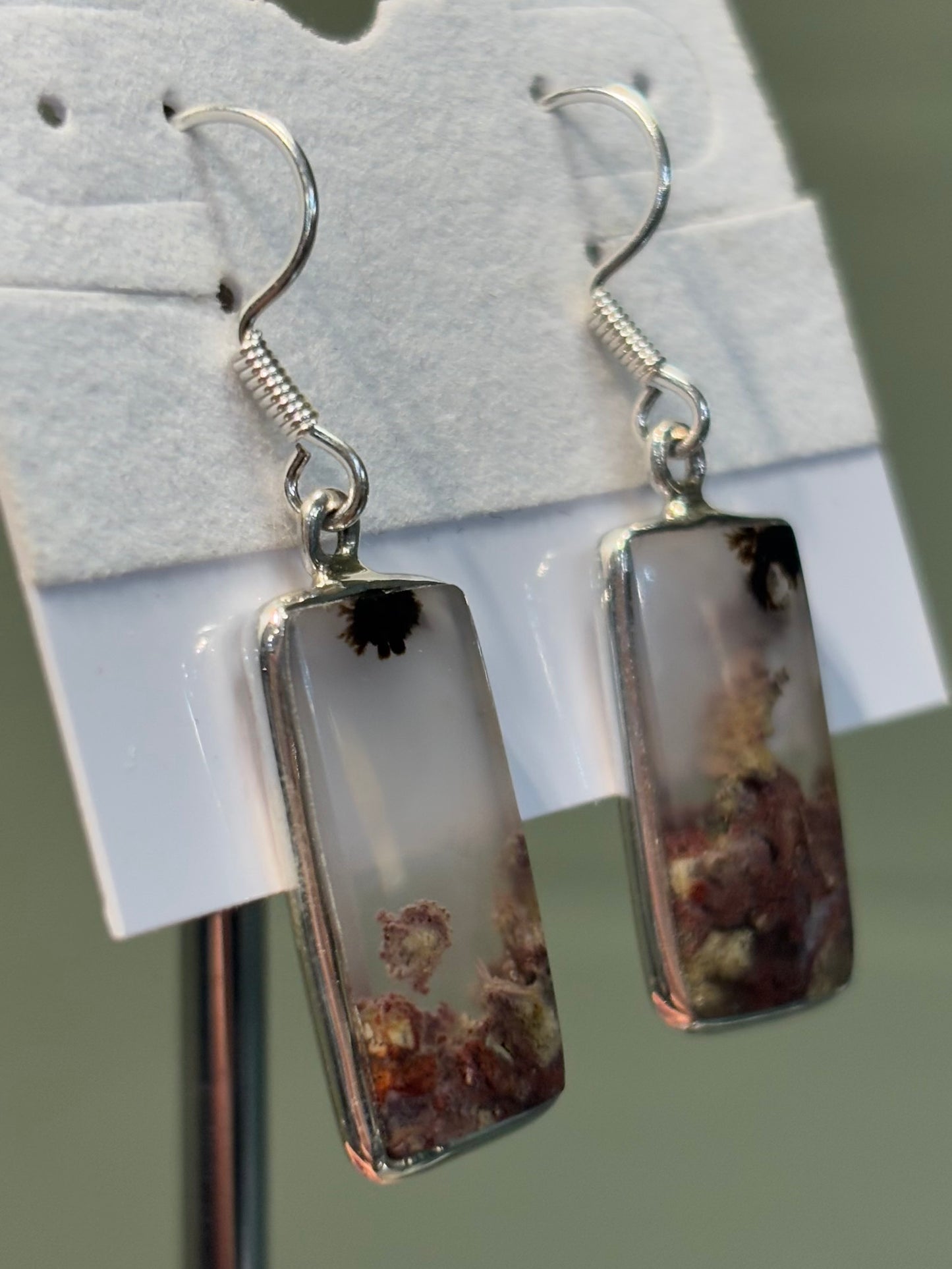 Sterling silver rectangle moss agate earrings