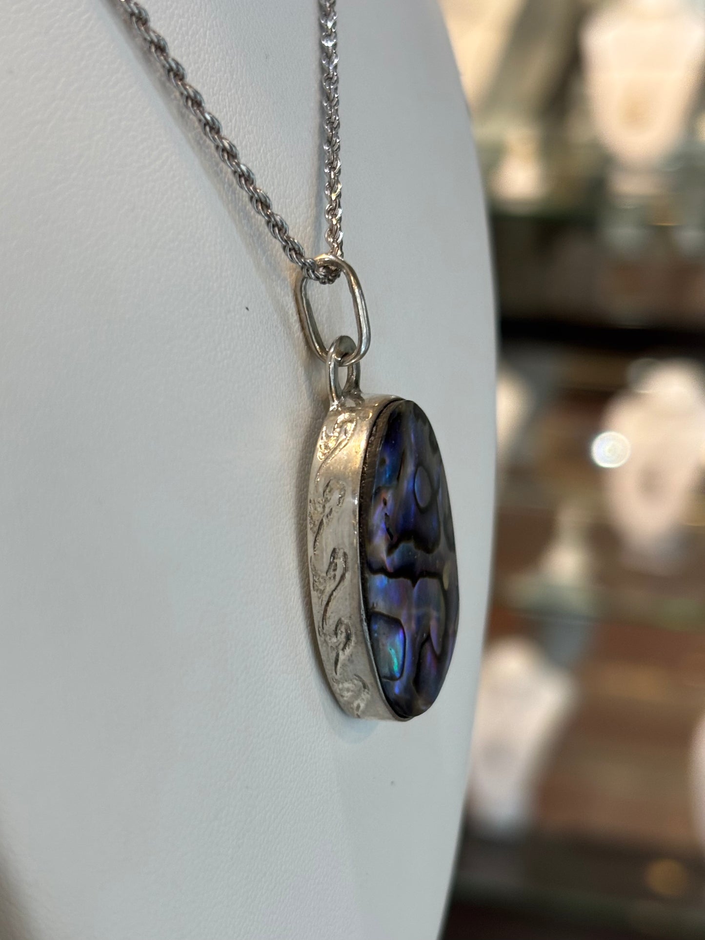 Sterling Silver Handmade Oval Abalone Pendant With Turtle And Waves Engraving