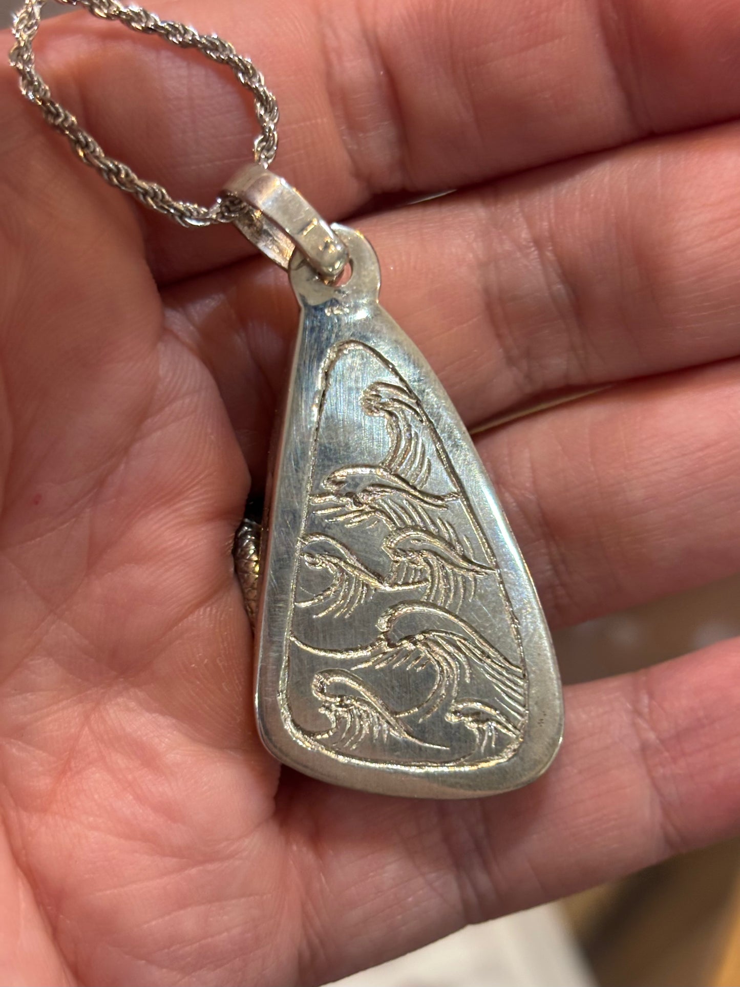 Sterling Silver Handmade Abalone Pendant With Waves Engraving