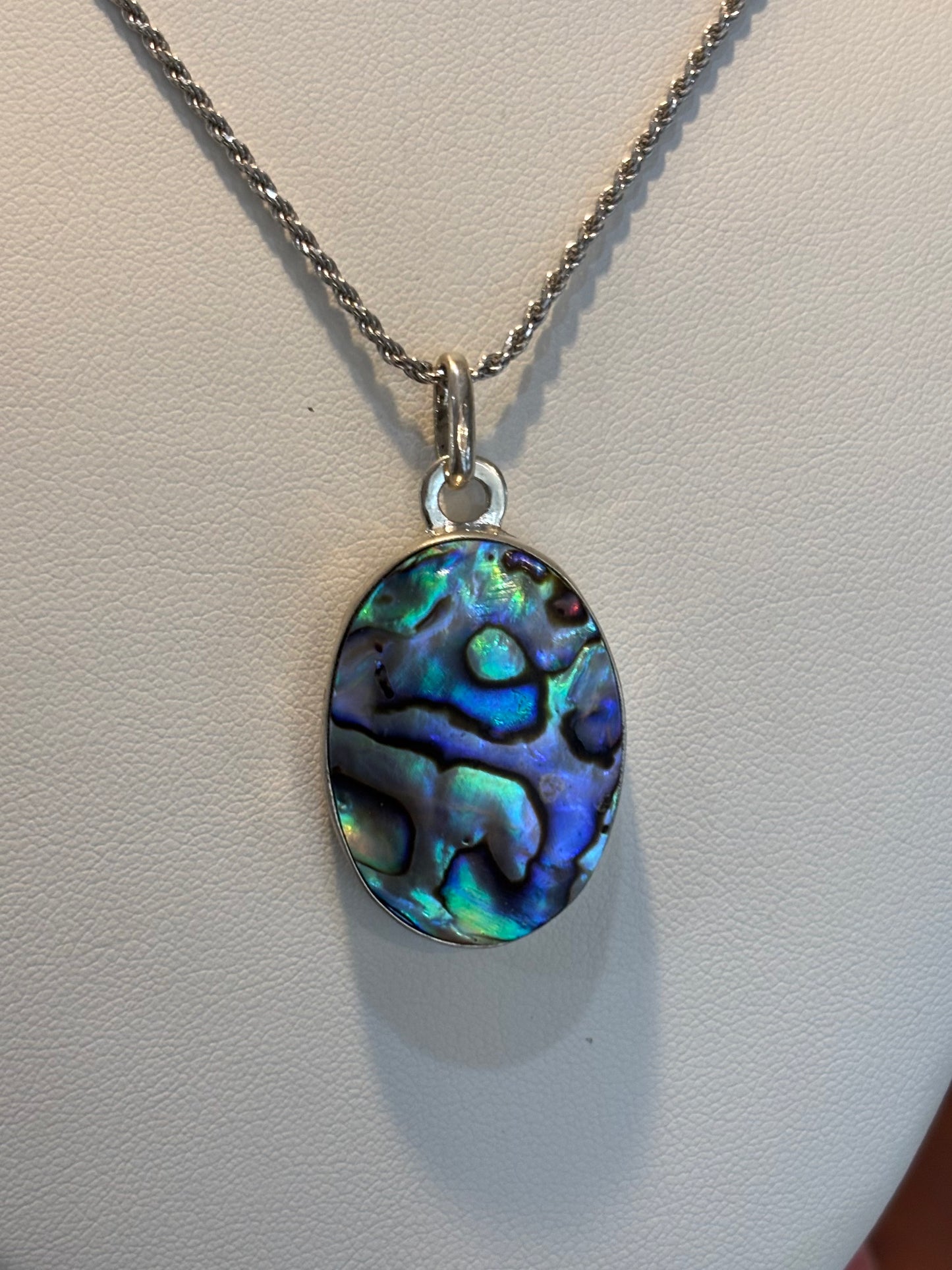Sterling Silver Handmade Oval Abalone Pendant With Turtle And Waves Engraving