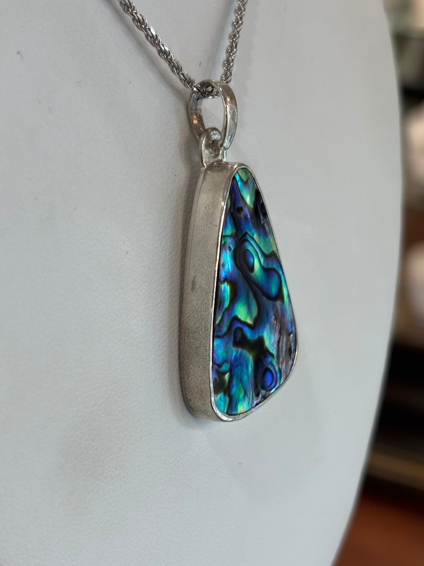 Sterling Silver Handmade Abalone Pendant With Waves Engraving