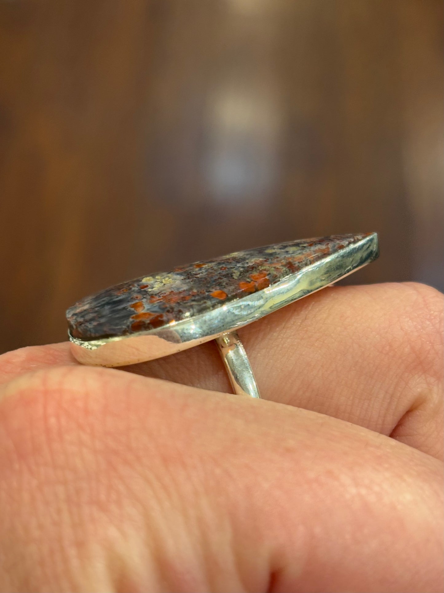 Sterling silver moss agate statement ring