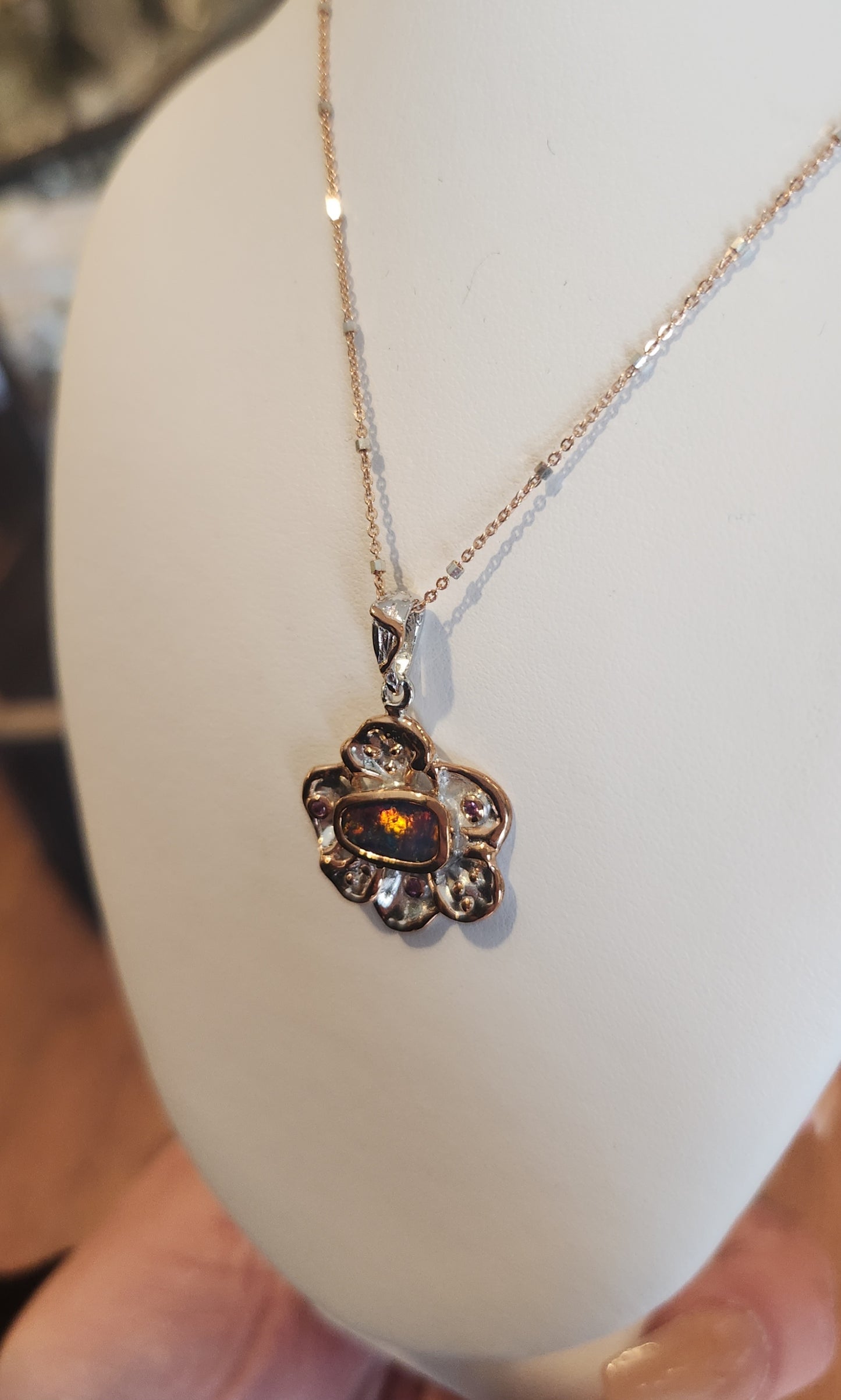 Sterling silver australian opal pendant with pink tourmaline