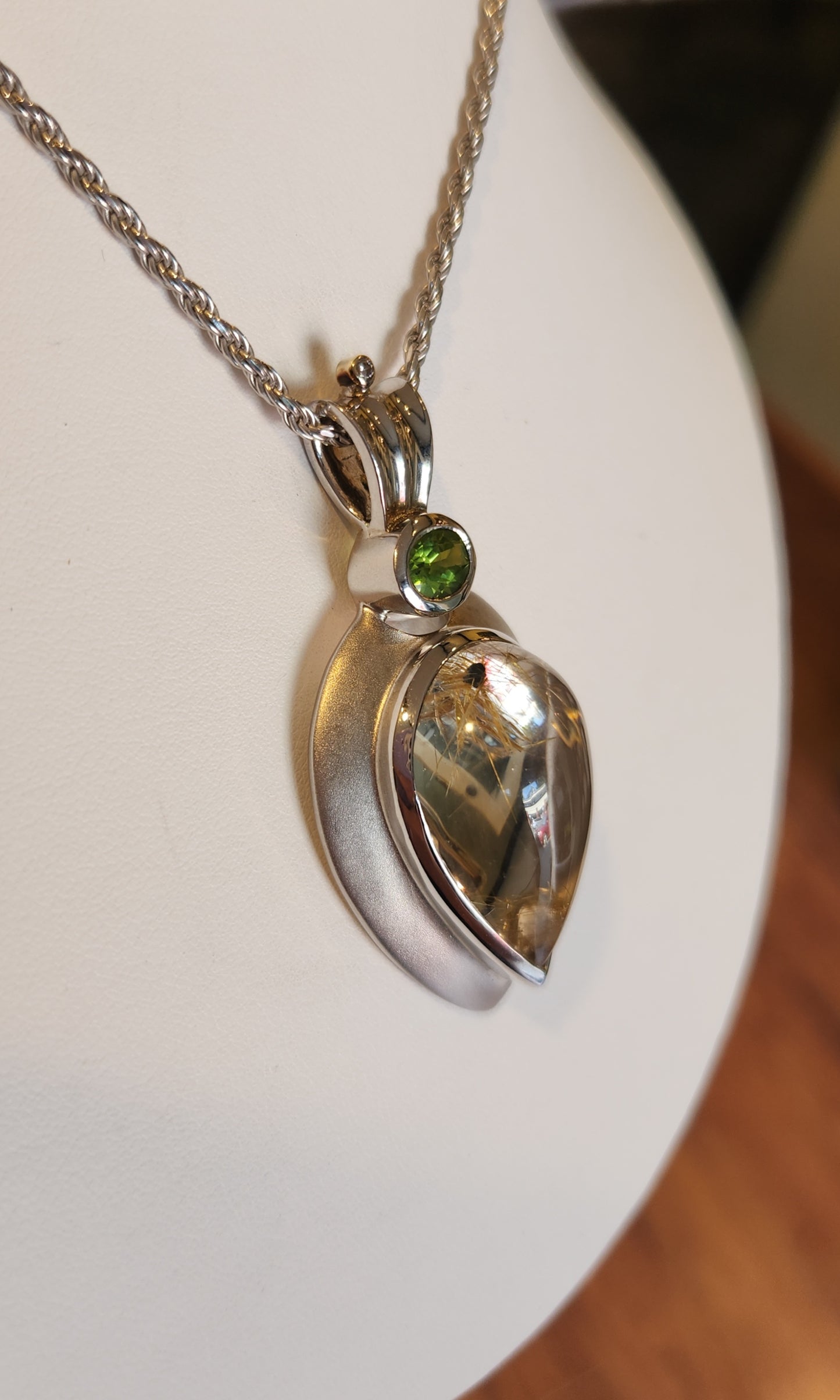 Sterling silver rutilated quartz statement pendant with peridot