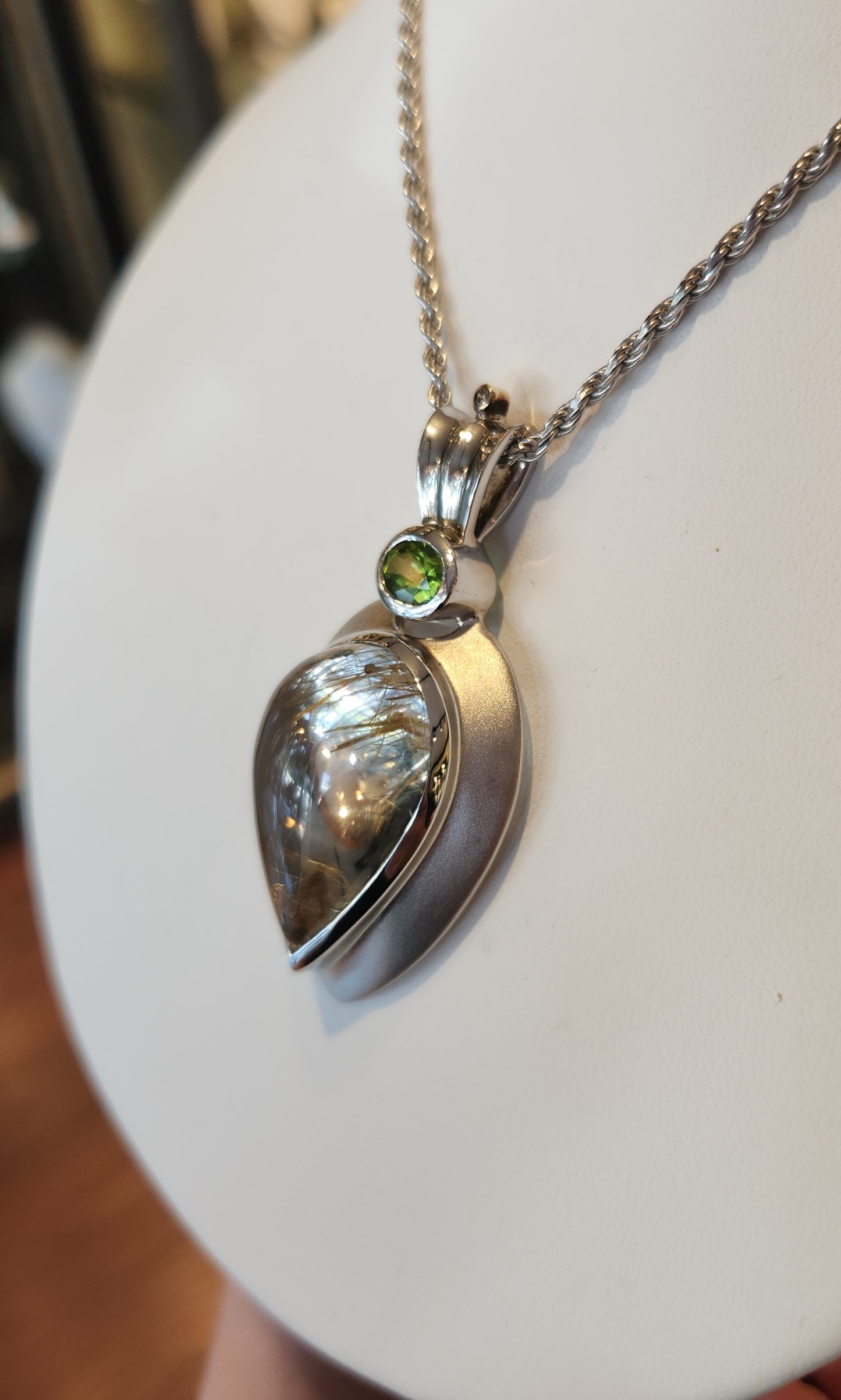 Sterling silver rutilated quartz statement pendant with peridot
