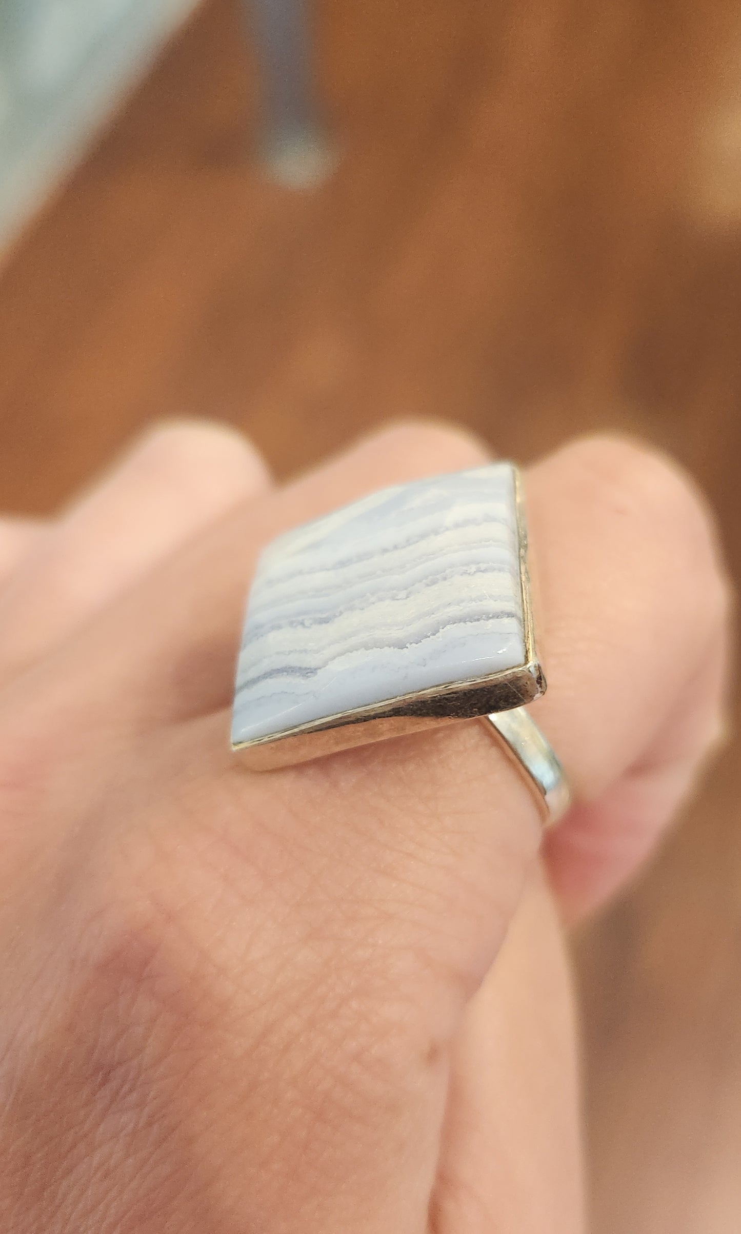 Sterling silver rose-cut blue lace agate ring