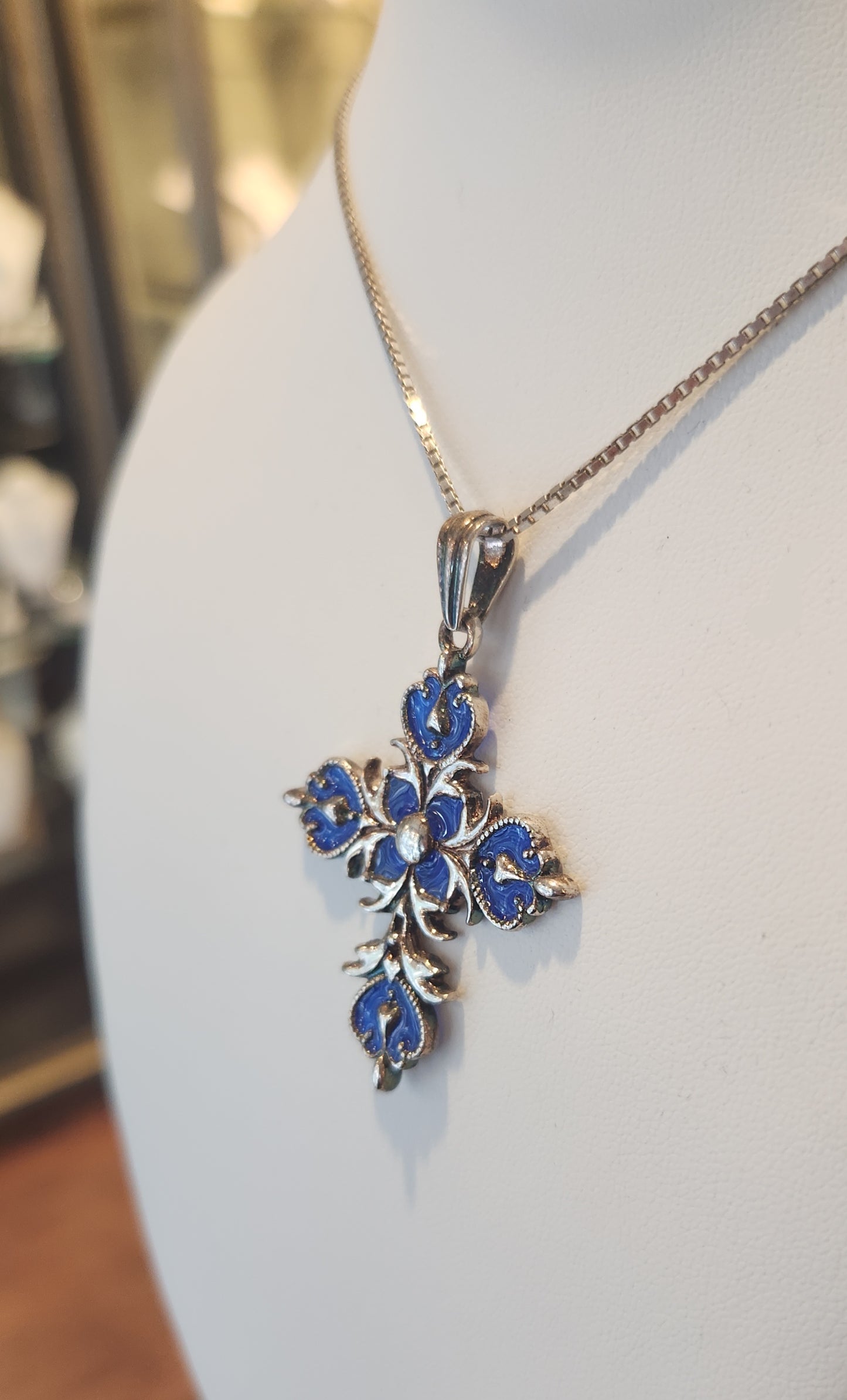 Sterling silver blue enamel cross pendant