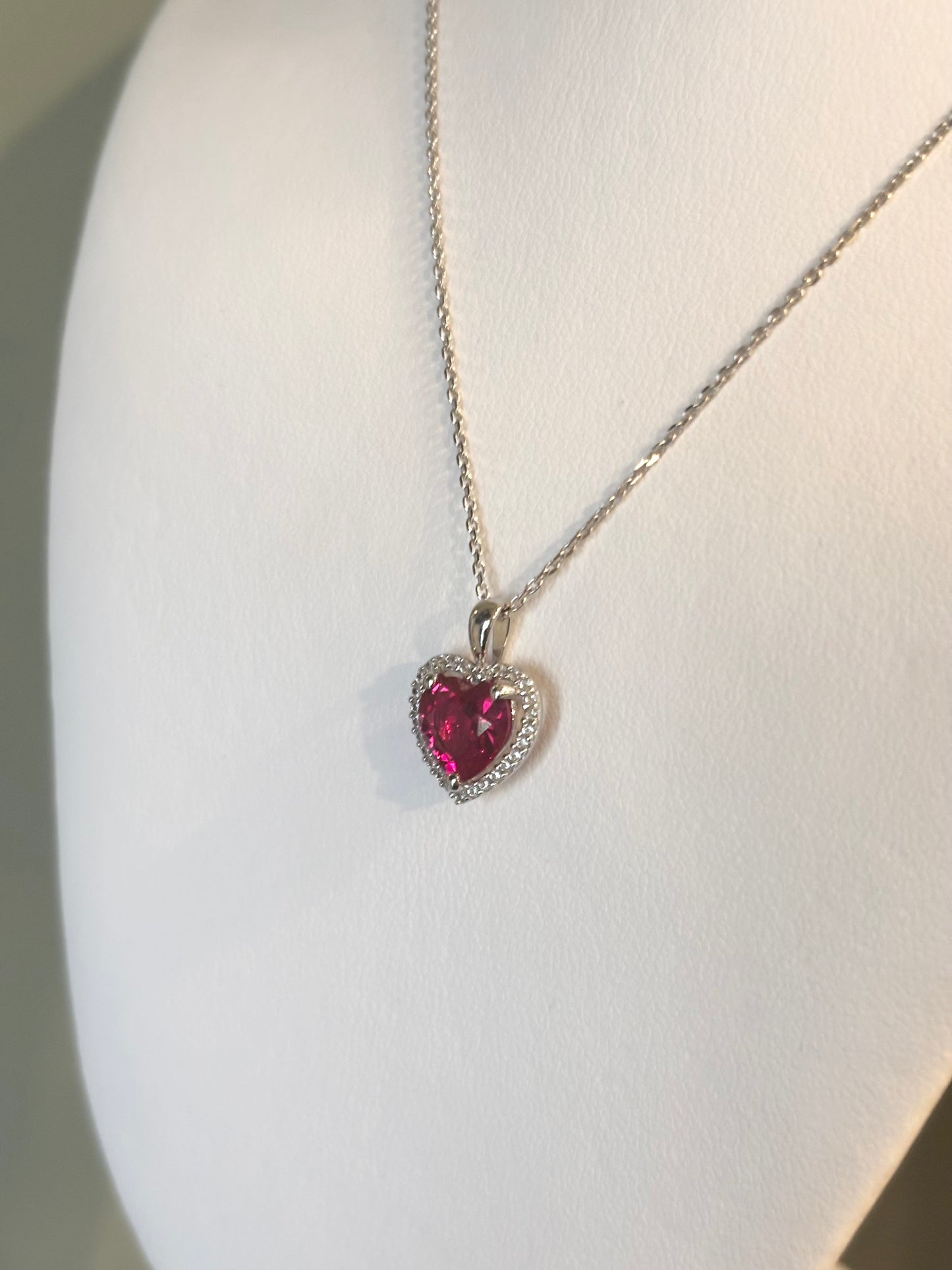 Sterling silver ruby heart halo pendant