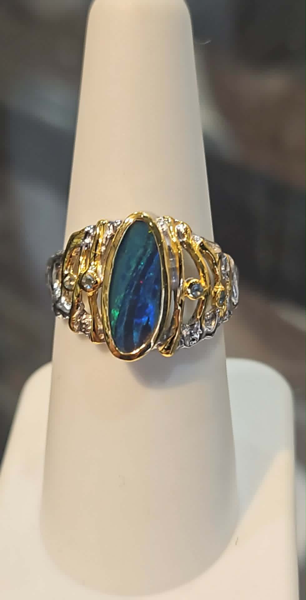 Sterling silver with gold overlay handmade ring with blue Australian opal size 6.5