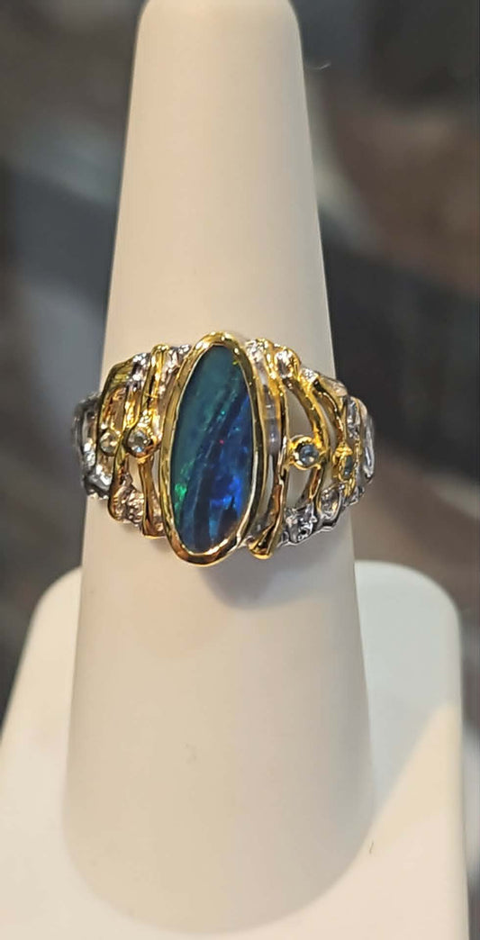 Sterling silver with gold overlay handmade ring with blue Australian opal size 6.5