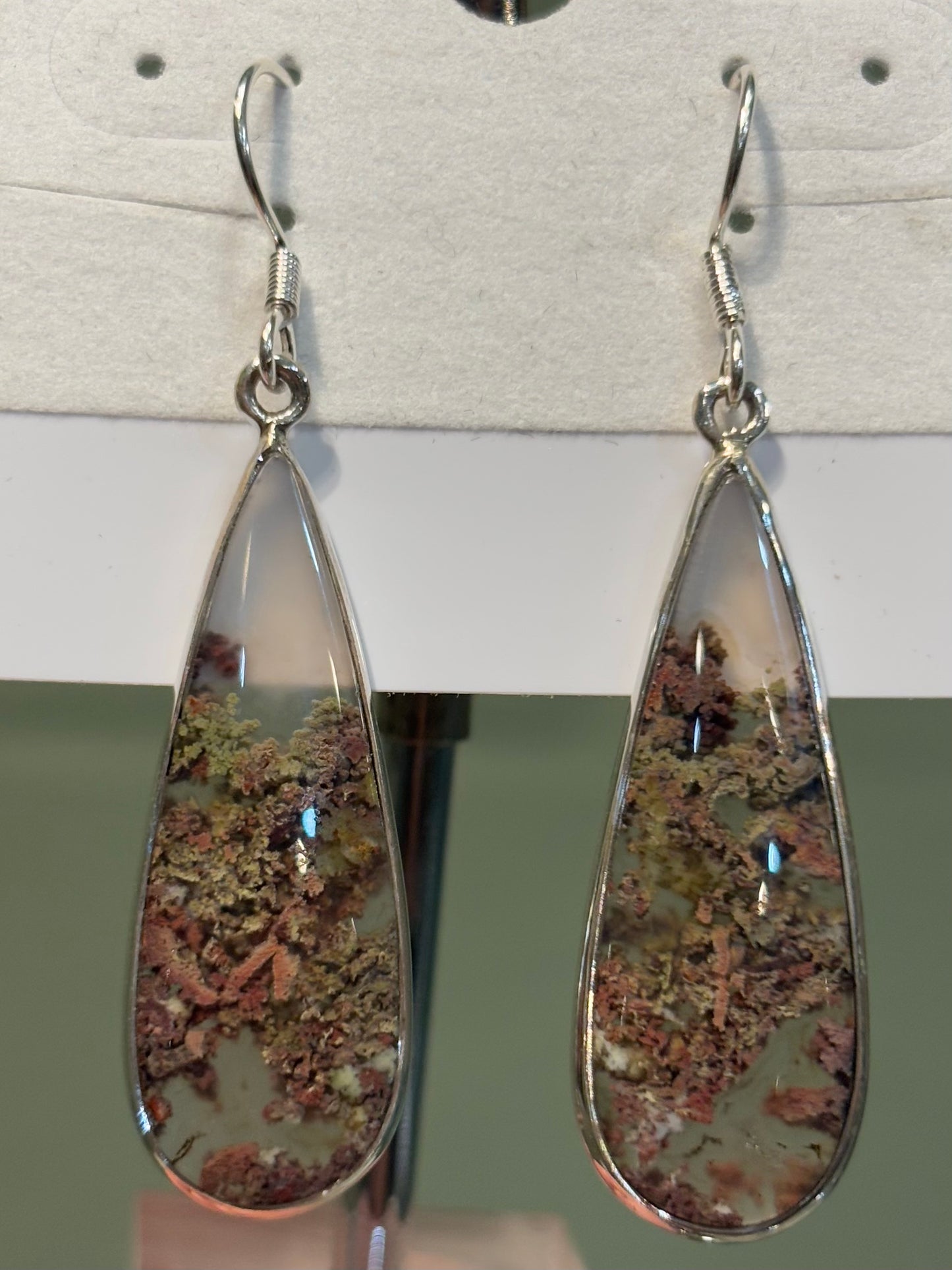 Sterling silver pear-shaped moss agate earrings