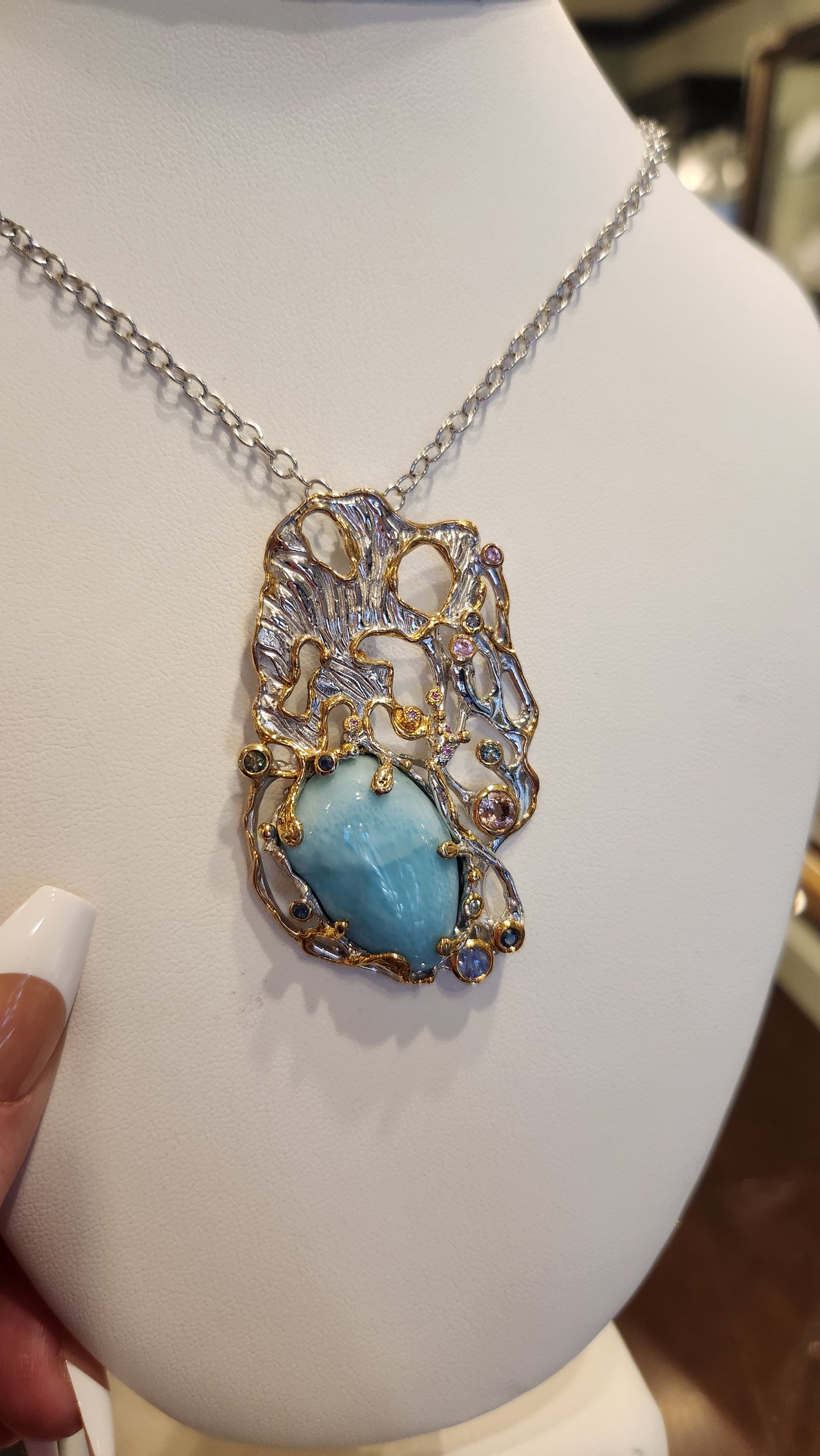 Sterling silver larimar statement pendant with tourmaline and gold accents