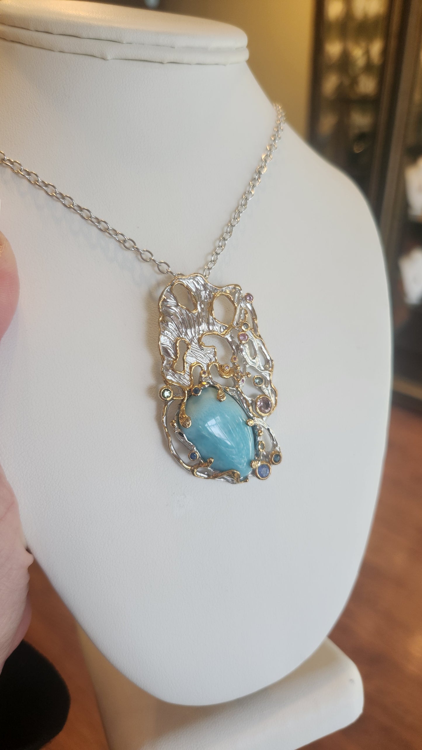 Sterling silver larimar statement pendant with tourmaline and gold accents