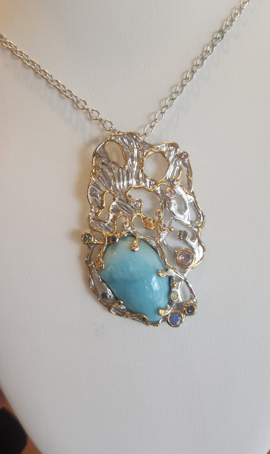 Sterling silver larimar statement pendant with tourmaline and gold accents