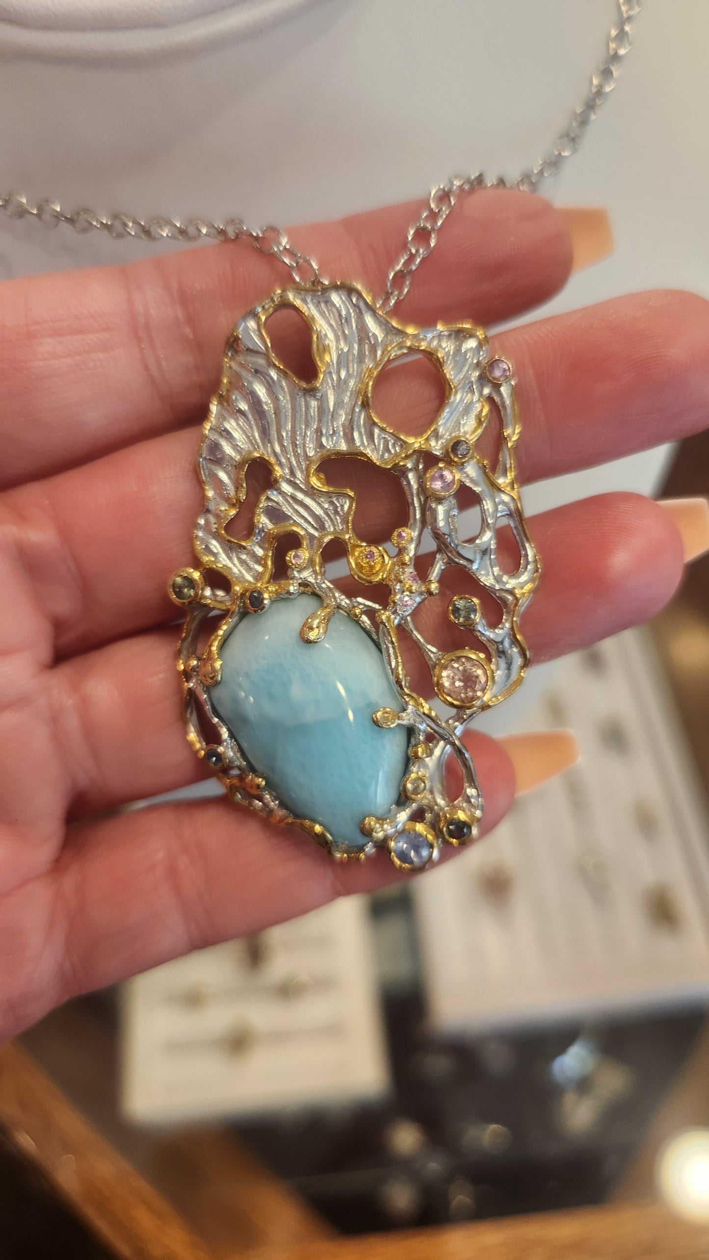 Sterling silver larimar statement pendant with tourmaline and gold accents