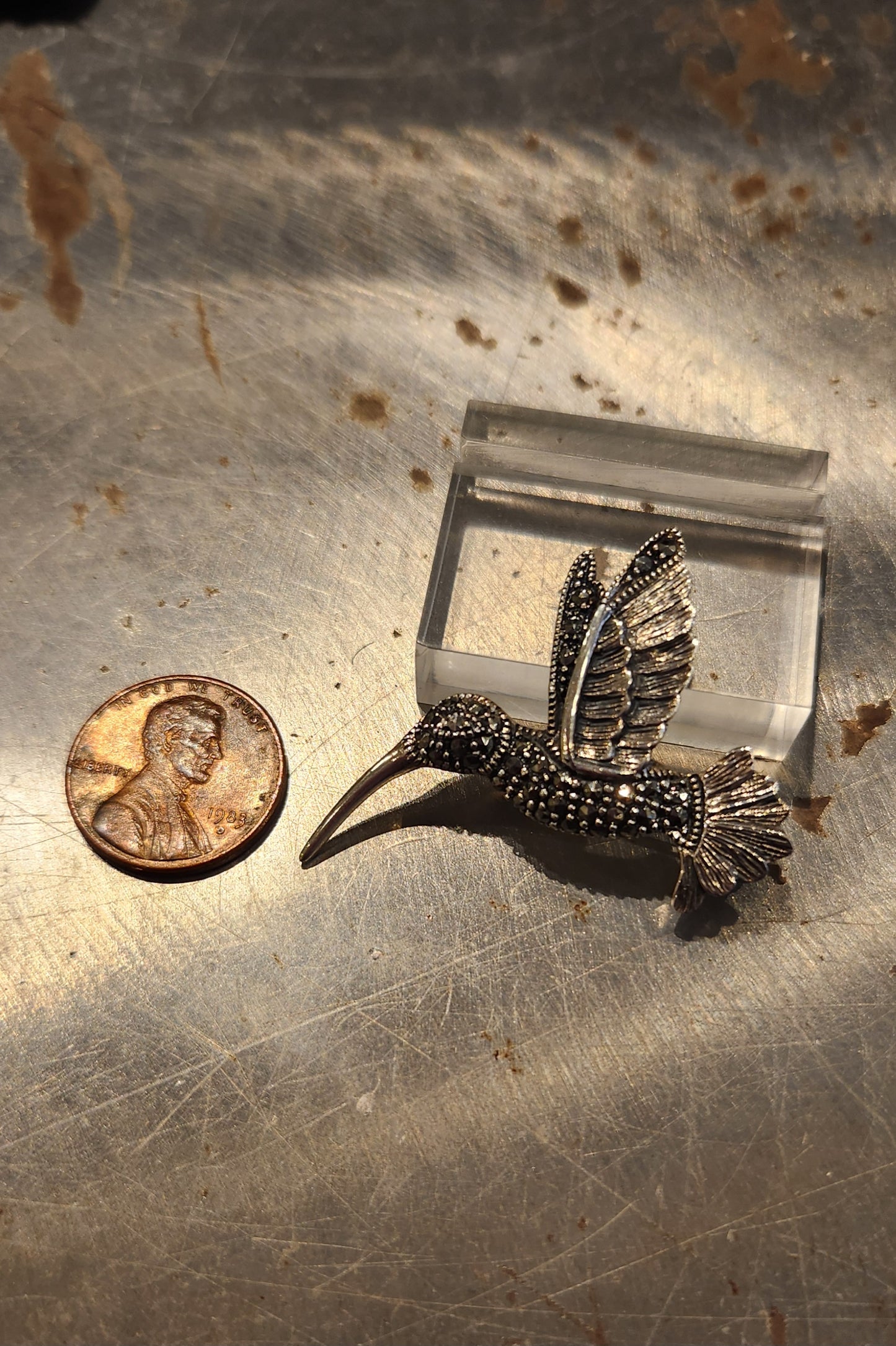 Sterling silver hummingbird and marcasite estate brooch