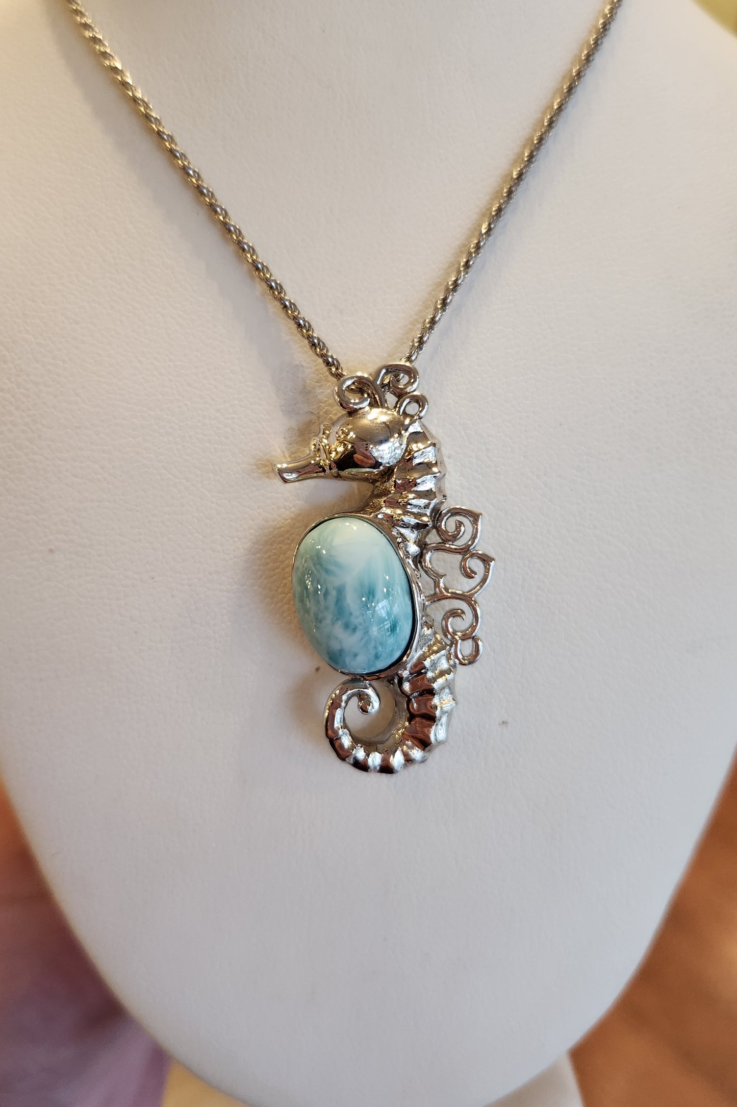 Sterling silver seahorse larimar pendant