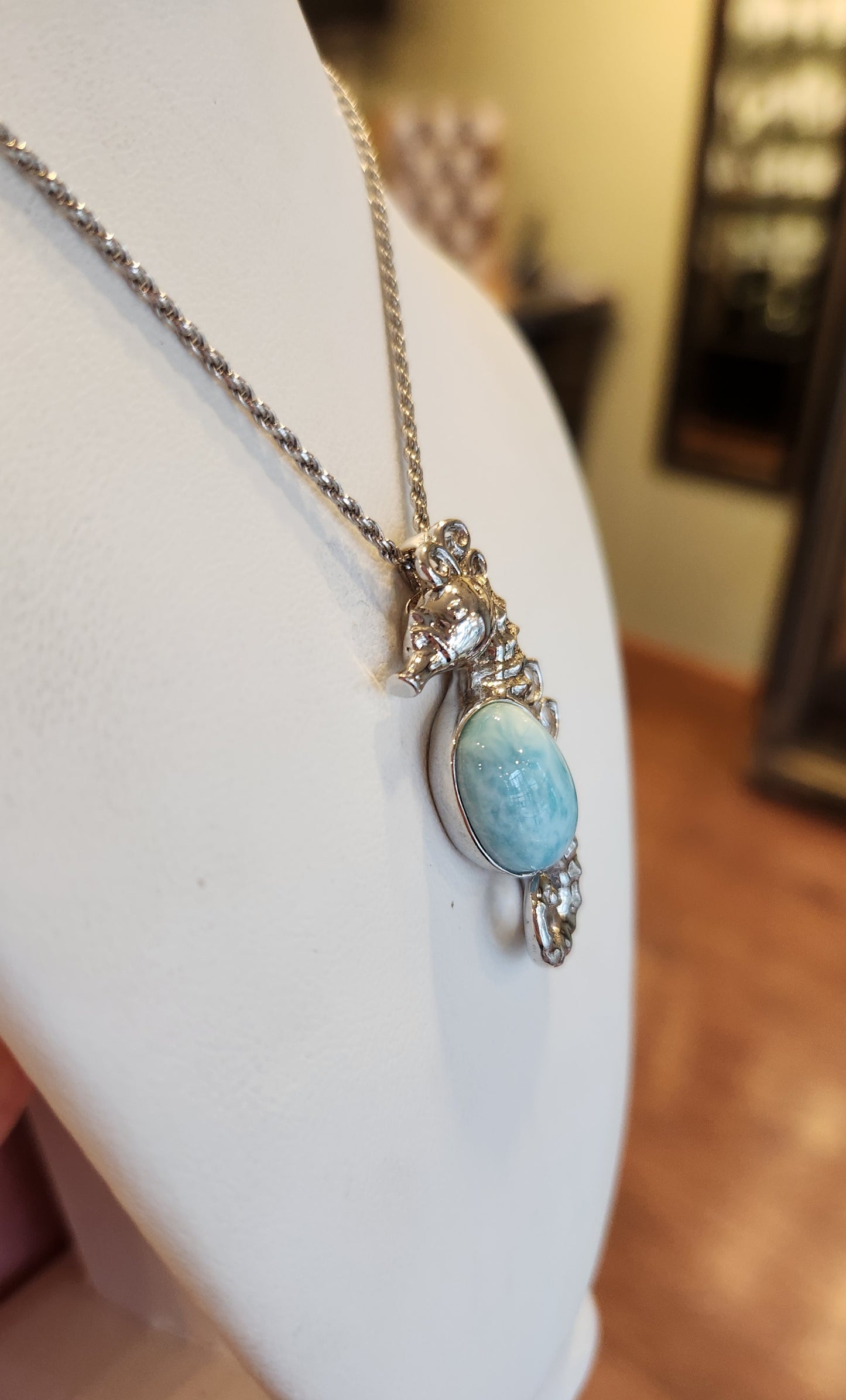 Sterling silver seahorse larimar pendant