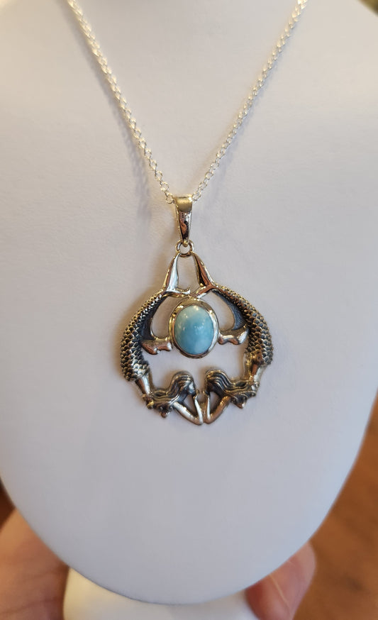 Sterling silver two-mermaid larimar pendant