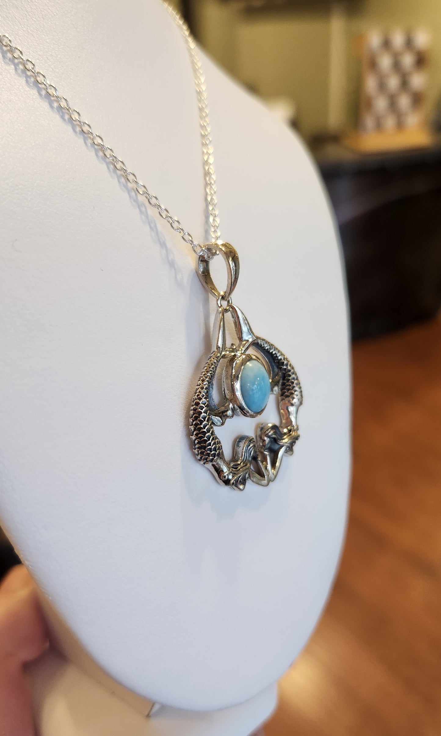 Sterling silver two-mermaid larimar pendant