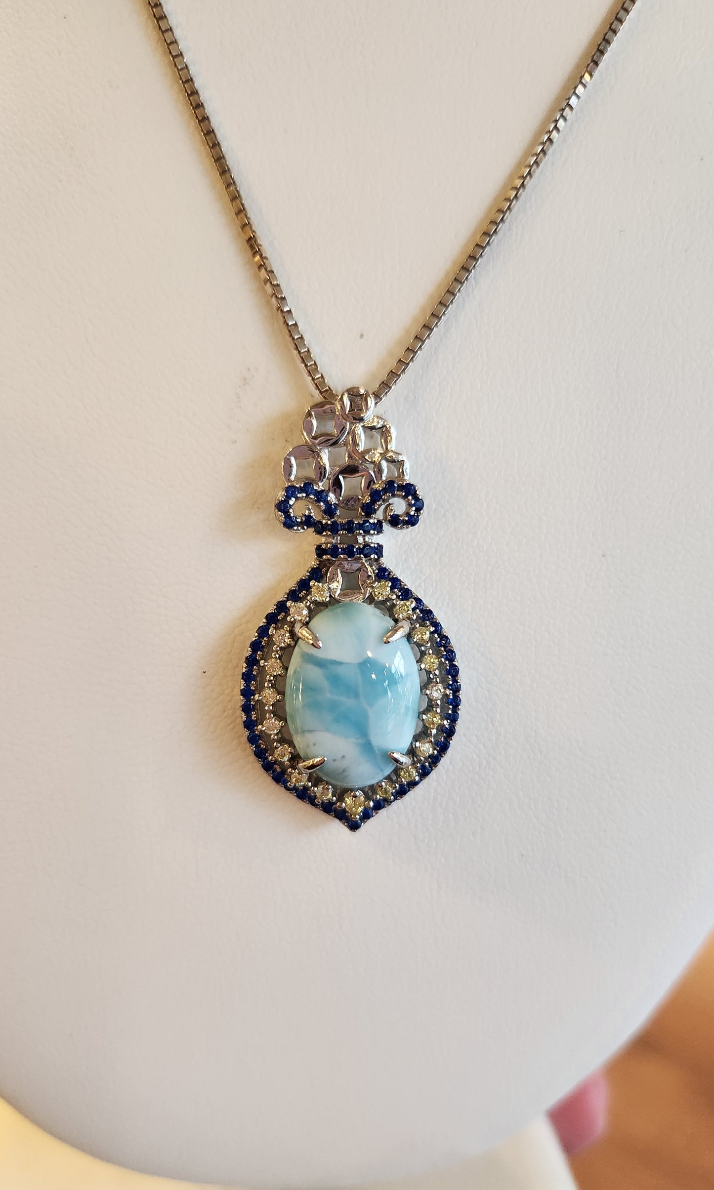 Sterling silver larimar pendant with blue and white crystals