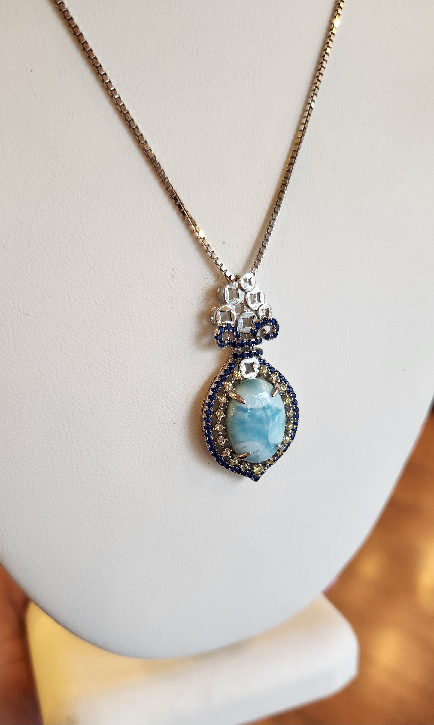 Sterling silver larimar pendant with blue and white crystals