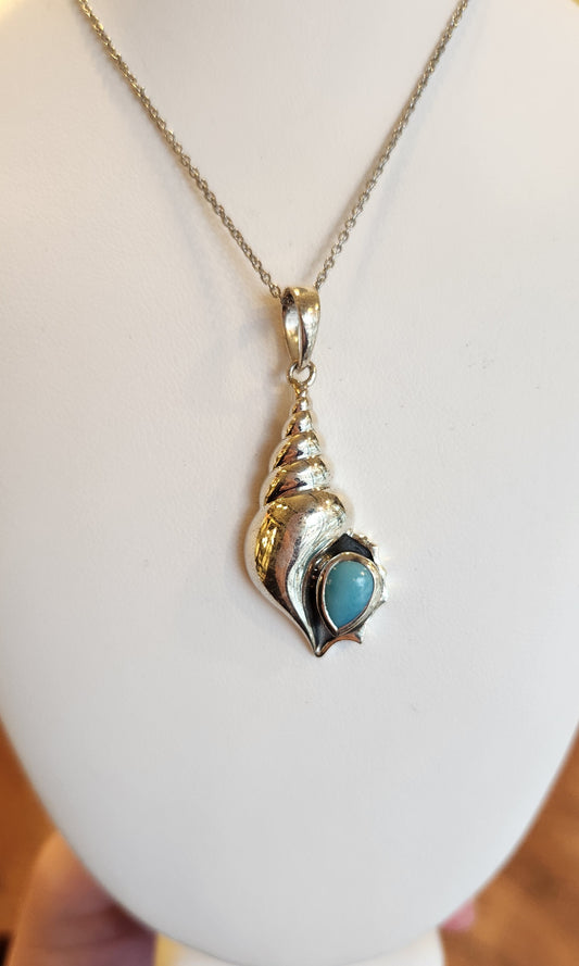 Sterling silver conch shell pendant with larimar