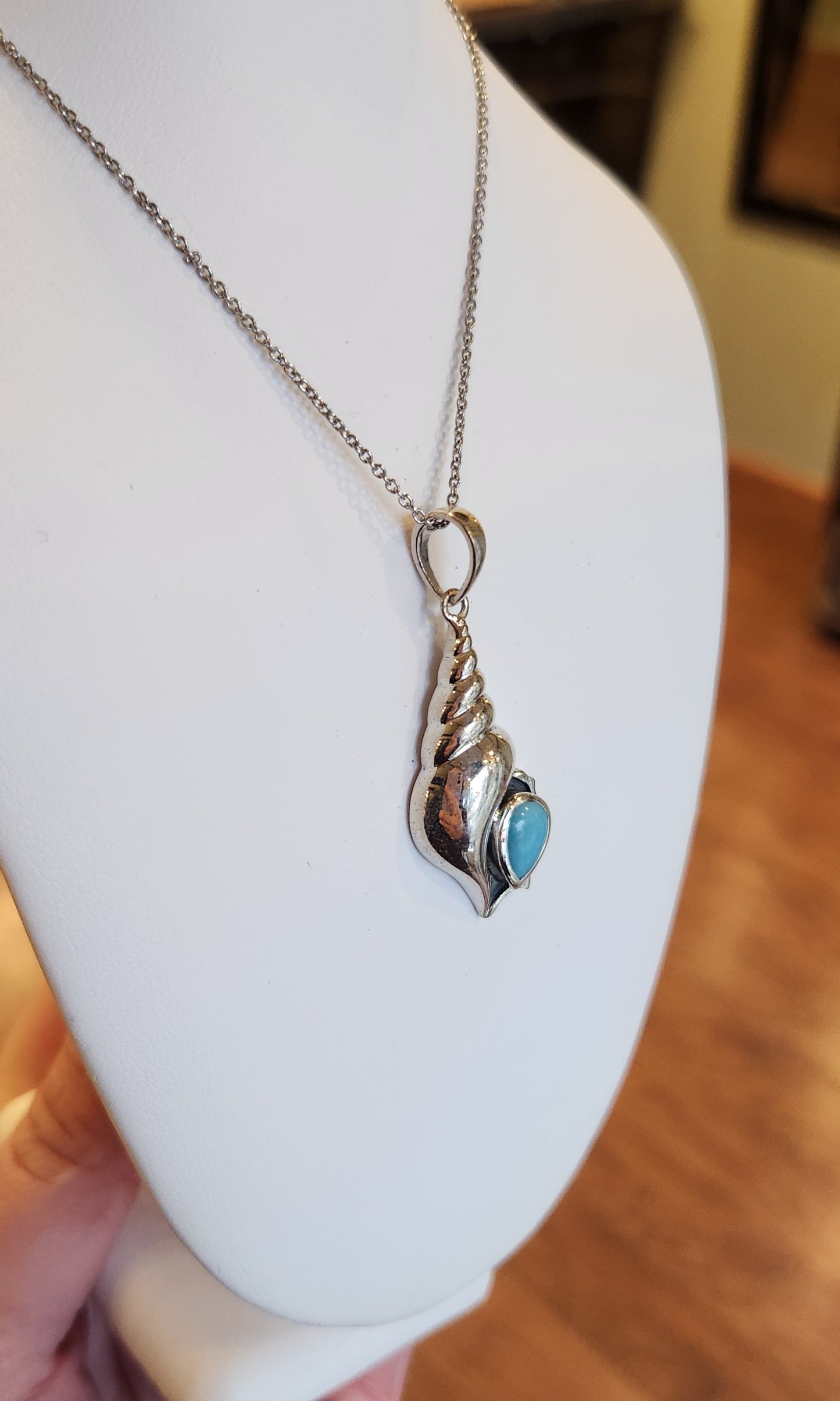 Sterling silver conch shell pendant with larimar