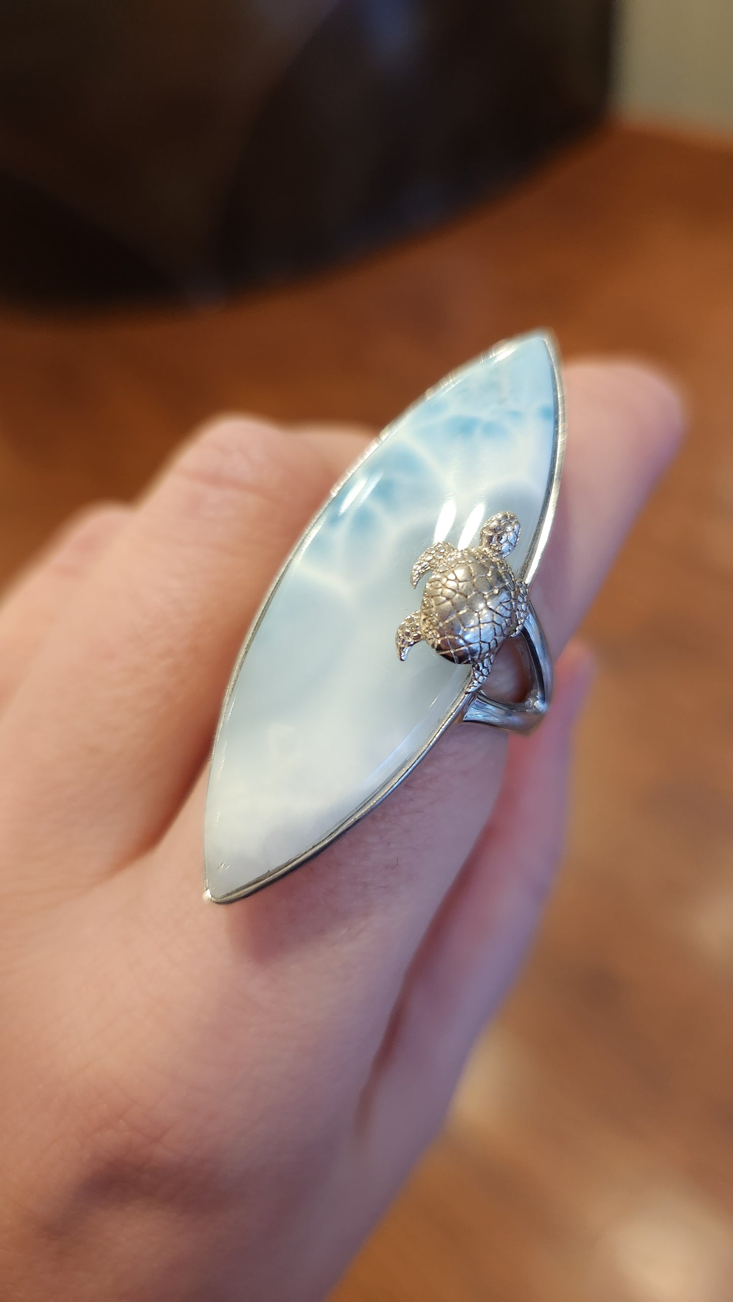 Sterling silver large marquis larimar ring with turtle