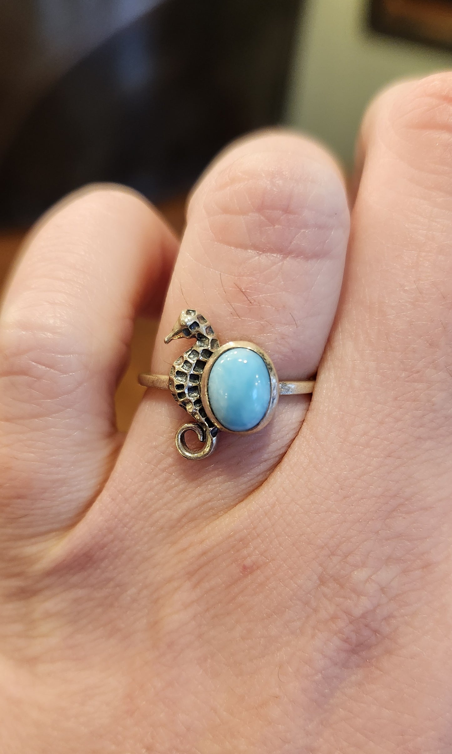 Sterling silver larimar seahorse ring