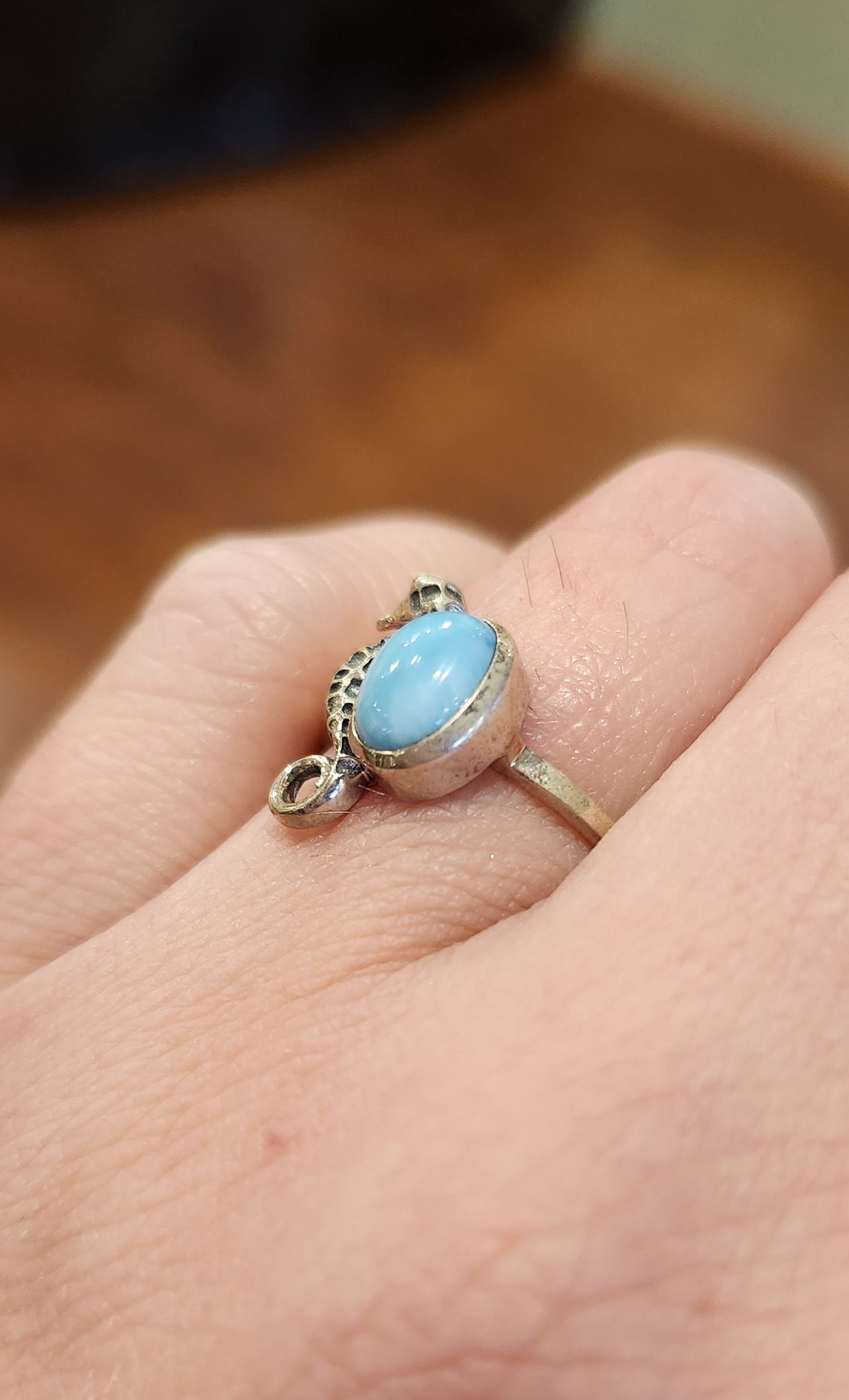 Sterling silver larimar seahorse ring