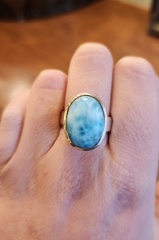 Large oval sterling silver larimar ring