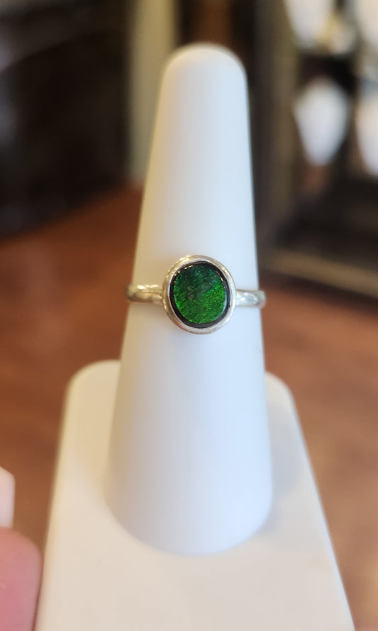 Sterling silver mini ammolite ring with green flash