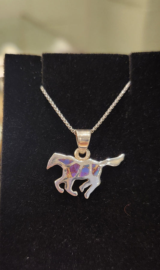 Sterling silver oyster turquoise inlay mini horse pendant