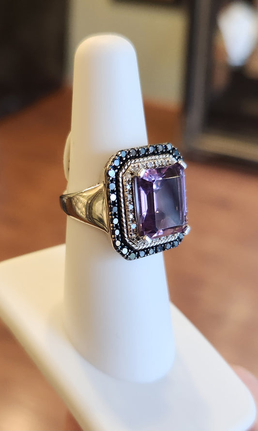 Sterling silver statement ring with amethyst and black spinel