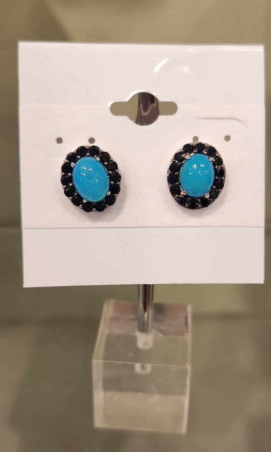 Sterling silver blue opal earring studs with black spinel