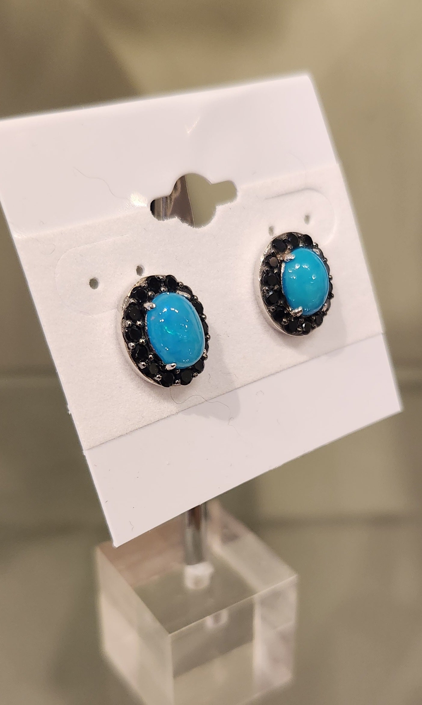 Sterling silver blue opal earring studs with black spinel