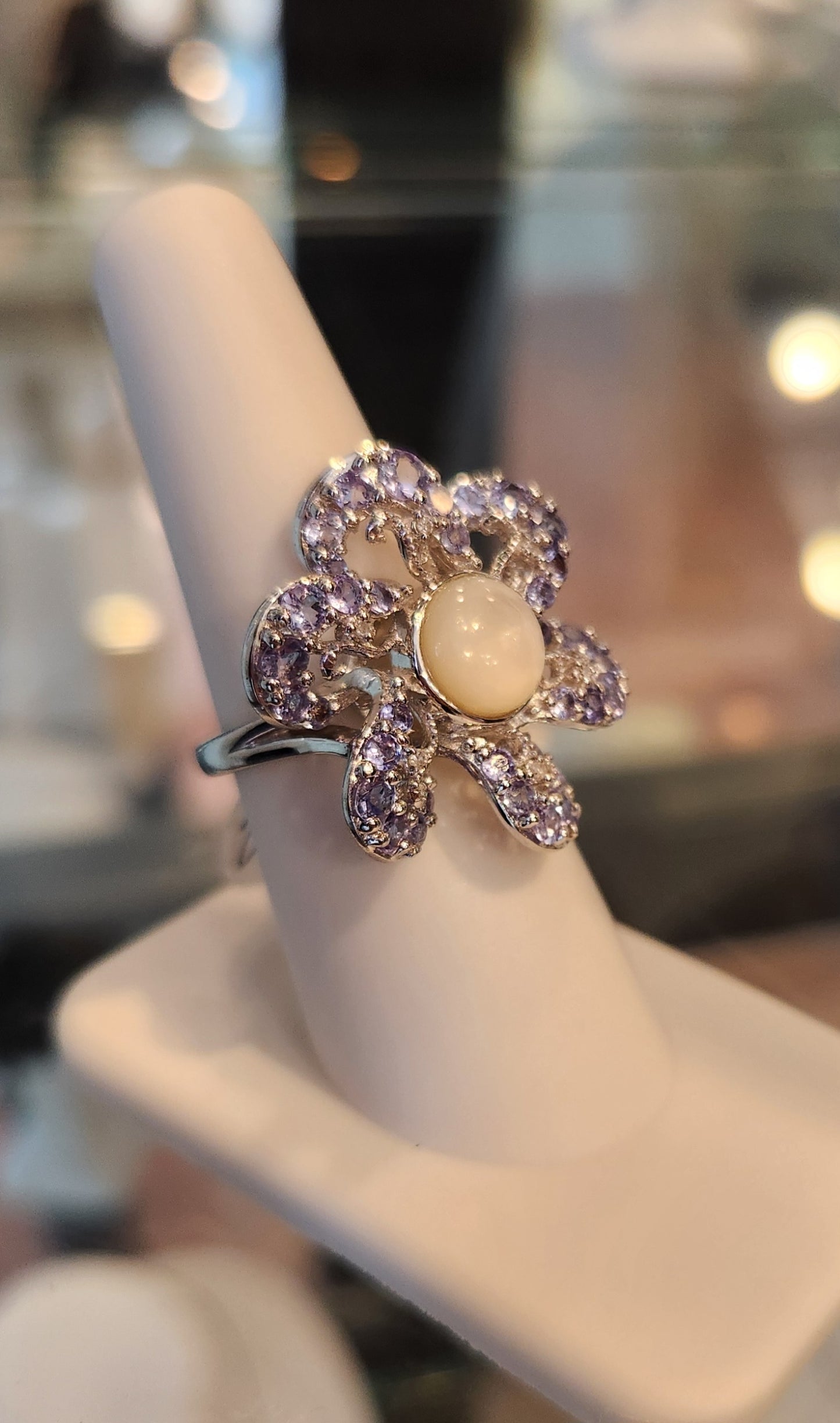 Sterling silver flower ring with  moonstone and tanzanite