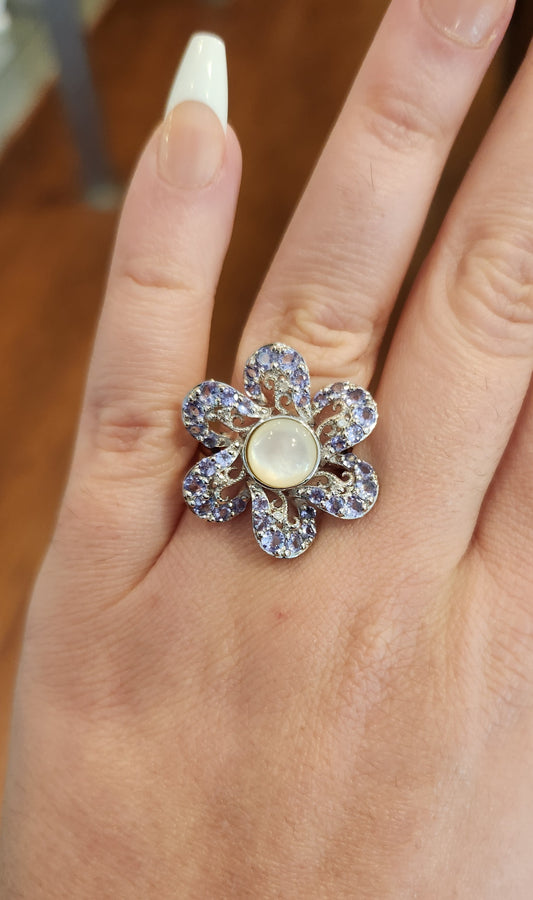 Sterling silver flower ring with moonstone and tanzanite