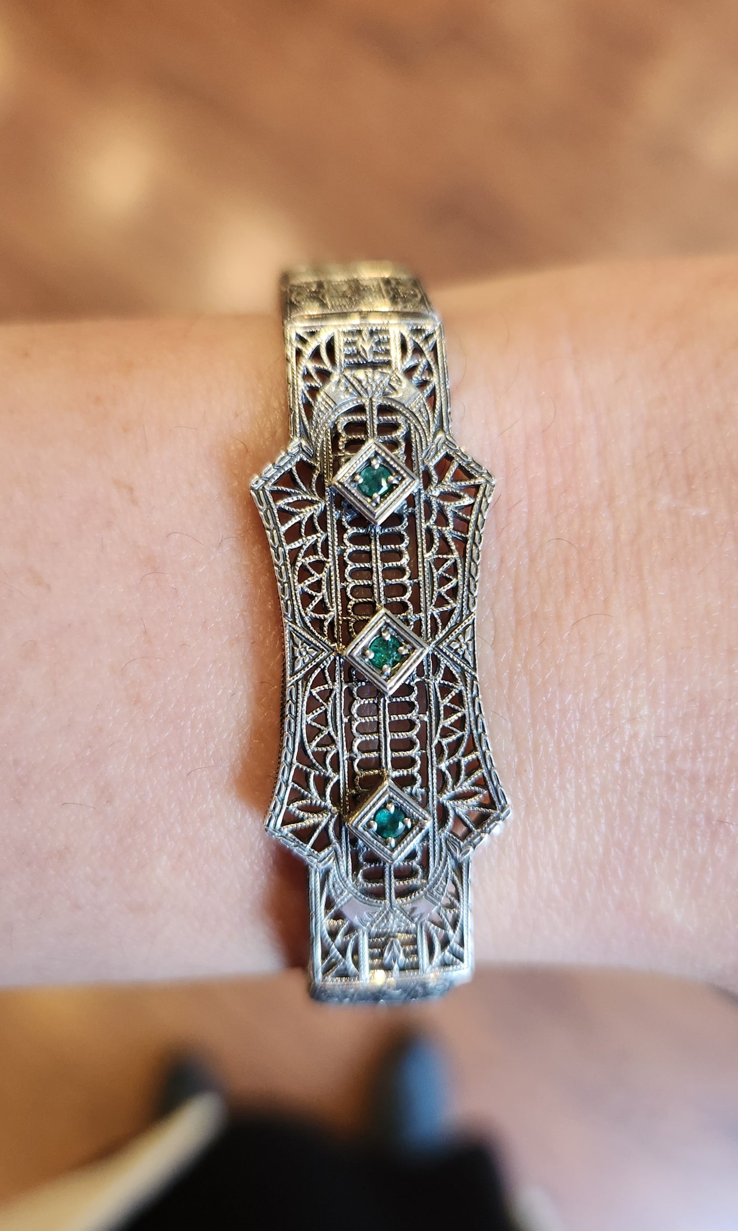 Sterling silver emerald filigree Art Deco style bracelet