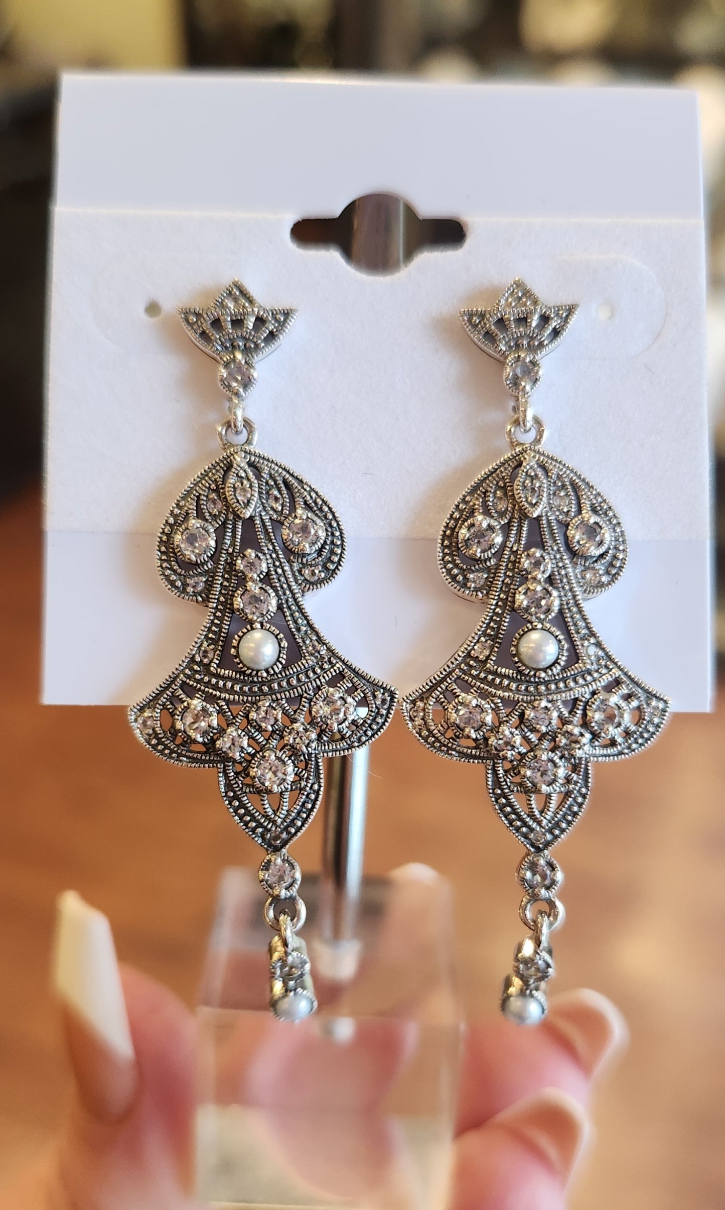 Sterling silver pearl & white topaz chandelier drop earrings